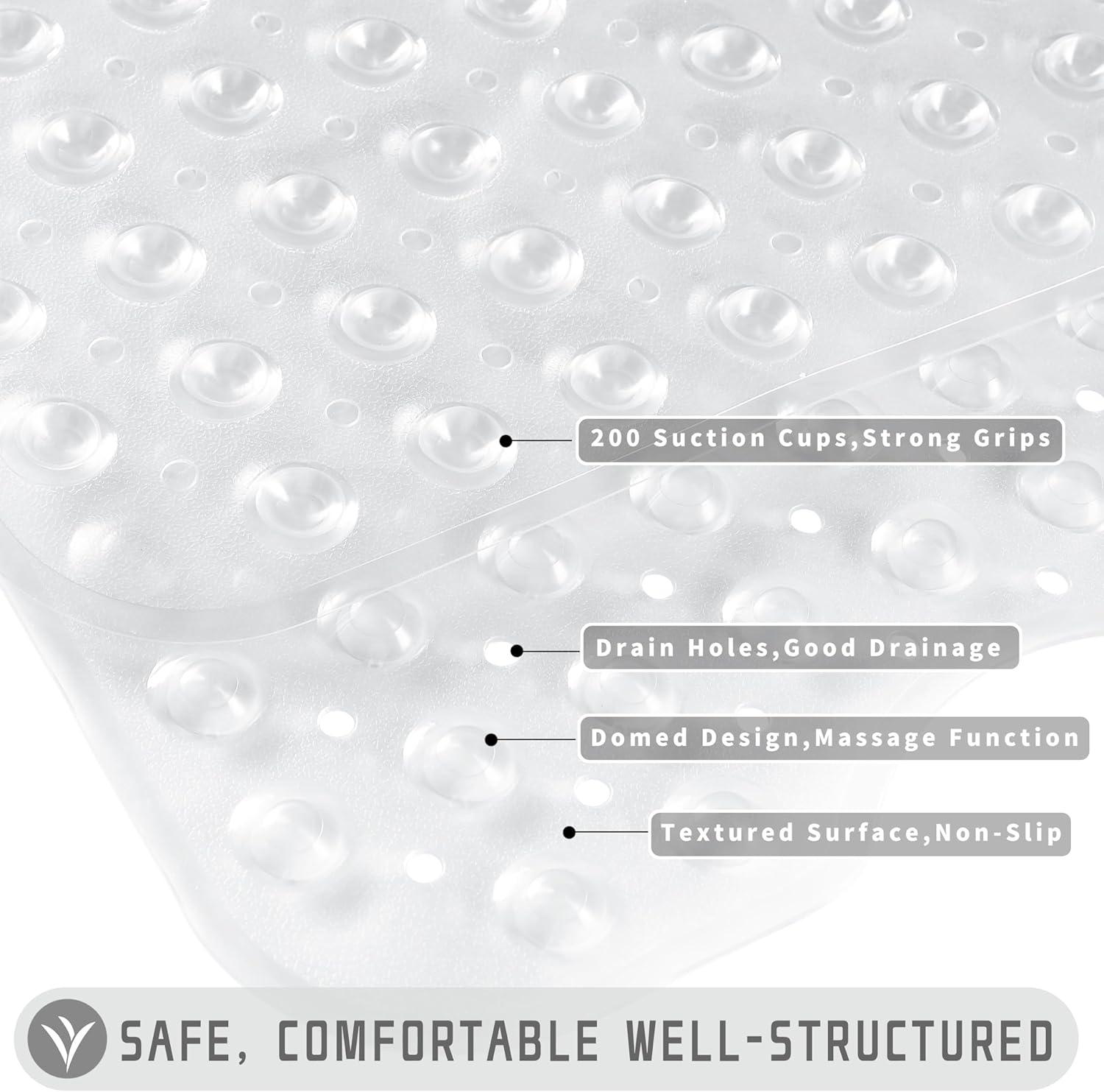 Yimobra Non Slip Bathtub Mat, Super Strong Suction Cups, 40"x16" Extra Long Shower Mat with Drain Holes, Machine Washable Fast Draining Bathroom Floor Mat, Clear Grey