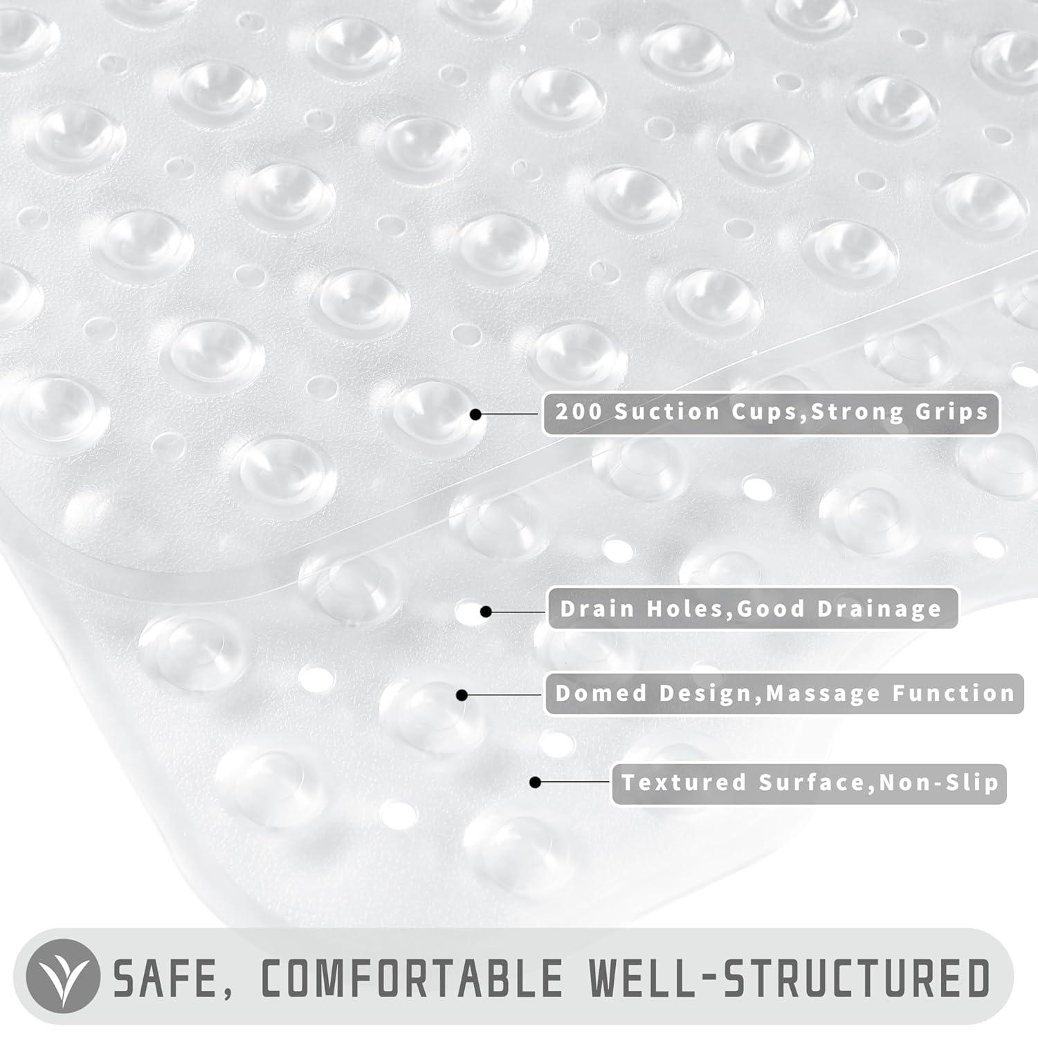 Yimobra Non Slip Bathtub Mat, Super Strong Suction Cups, 40"x16" Extra Long Shower Mat with Drain Holes, Machine Washable Fast Draining Bathroom Floor Mat, Clear Grey