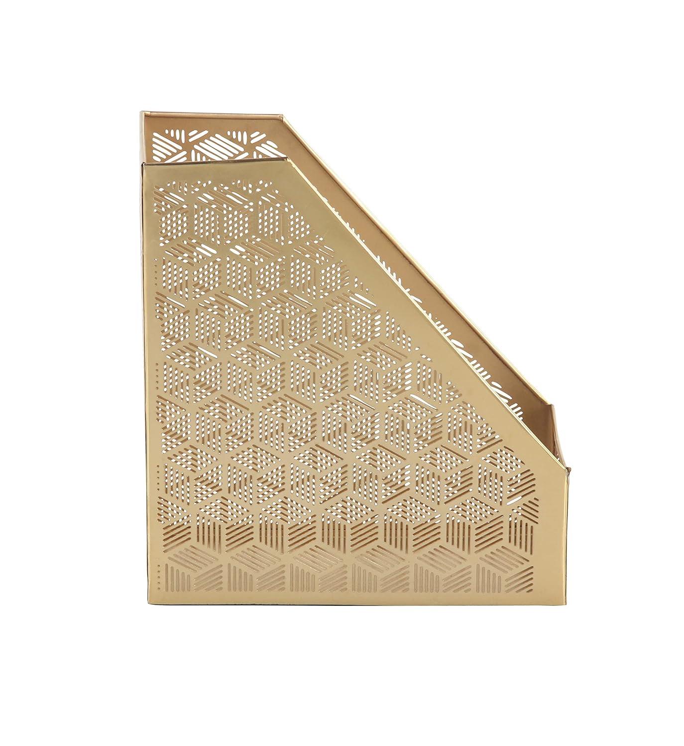 DecMode 12" Gold Metal Single Slot Geometric Magazine Holder with Laser Carved Design