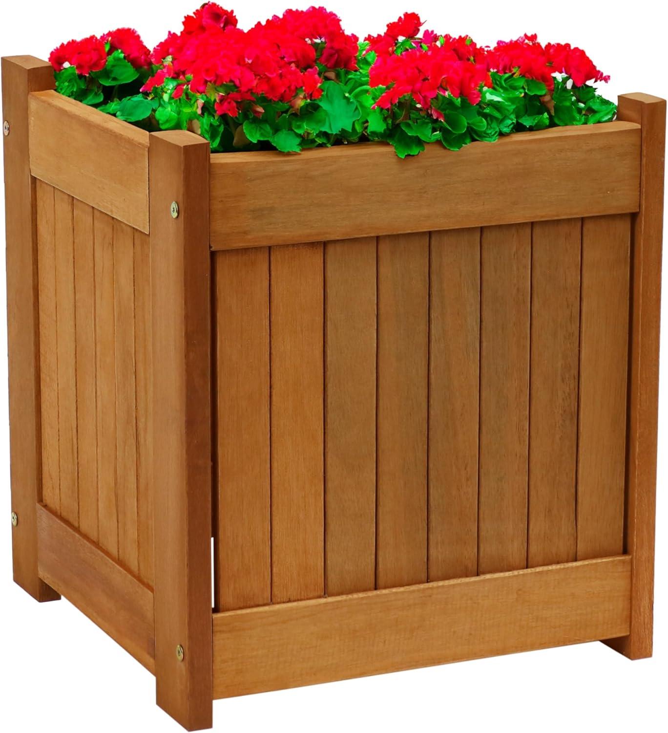 Sunnydaze Outside Meranti Wood Outdoor Planter Box with Teak Oil Finish for Garden, Porch and Patio - 16" Square