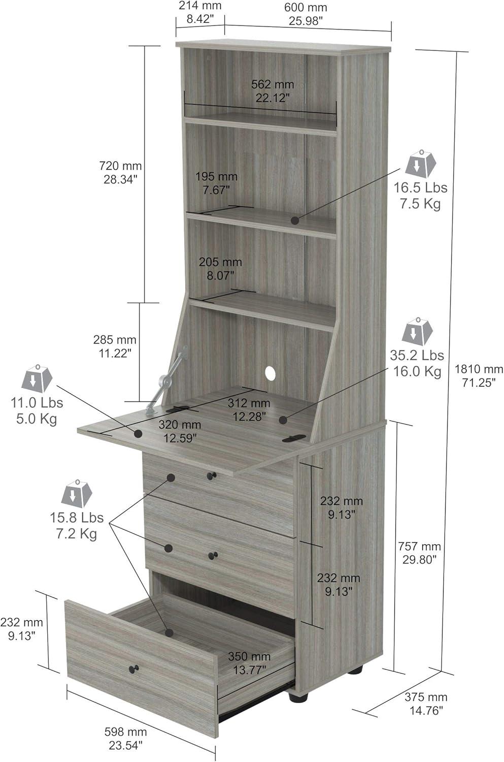 Computer Credenza Workcenter Gray - Inval: Smoke Oak Laminate, Glass Doors, Cable Management