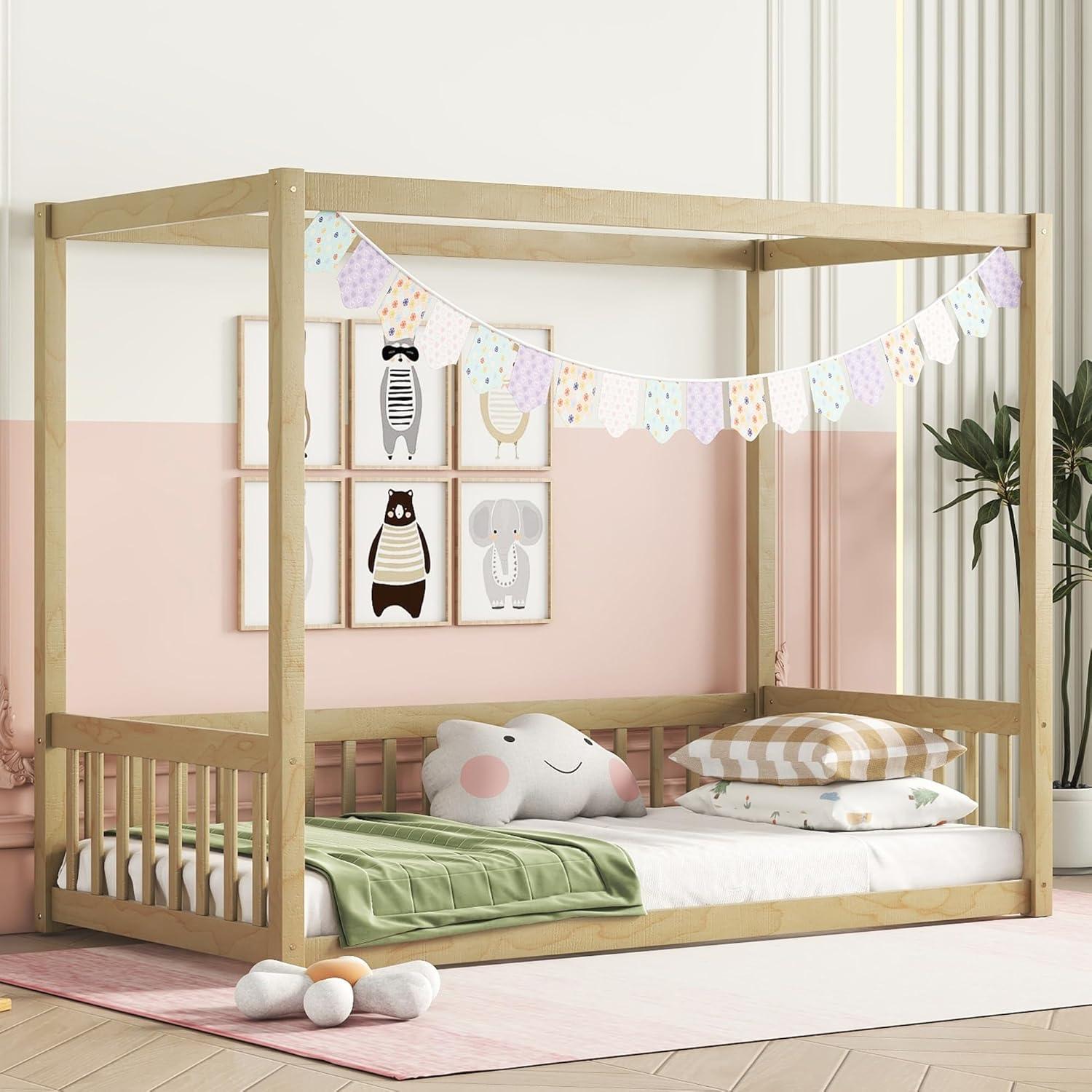 Natural Pine Twin Canopy Bed with Drawer and Headboard