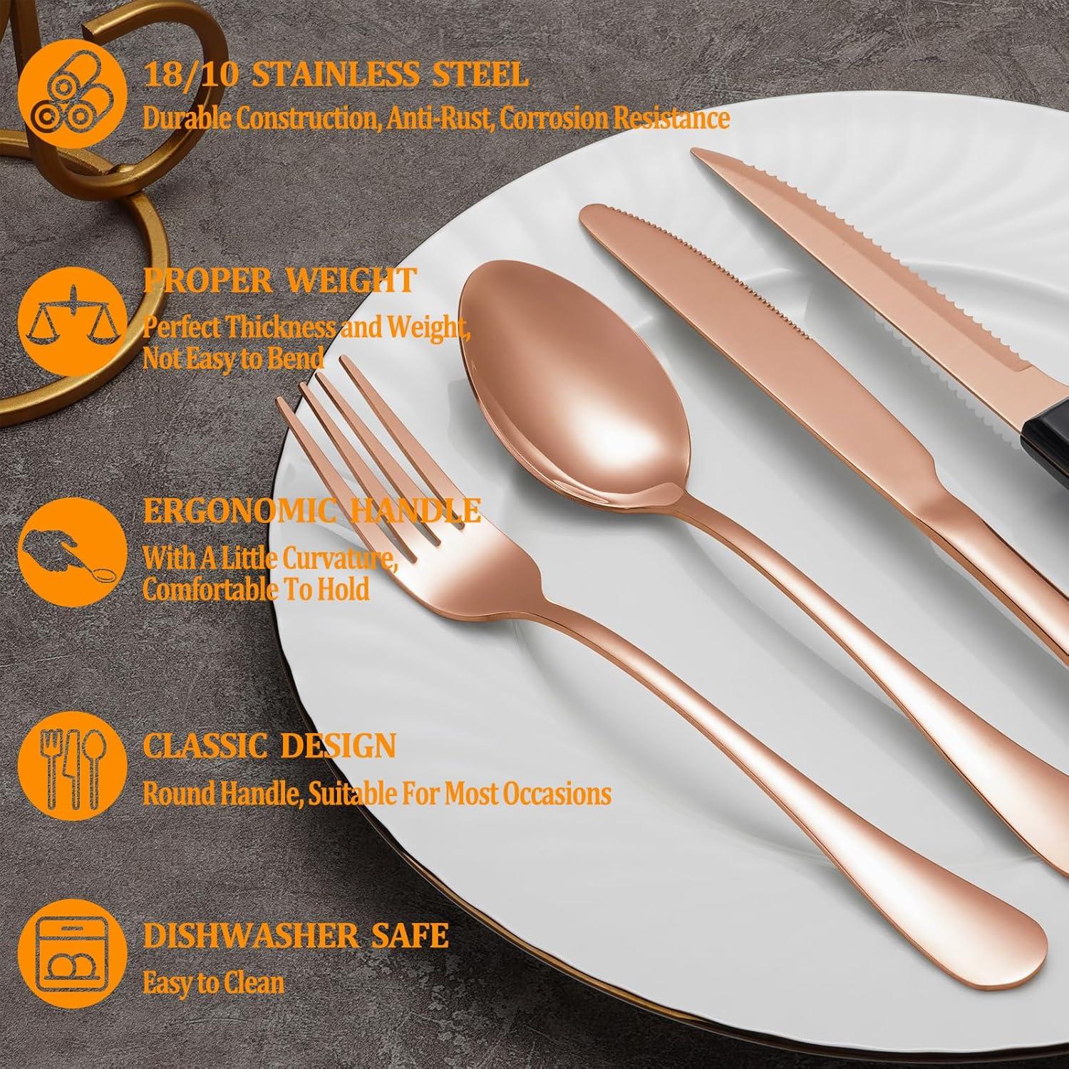 24-Piece Rose Gold Stainless Steel Flatware Set with Steak Knives