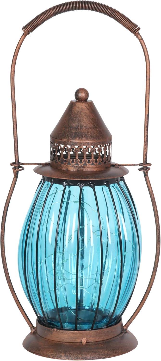 Exhart Exhart Solar Antique Metal and Glass Accent Lantern with Fifteen LED Fairy Firefly String Lights, 7 by 14"