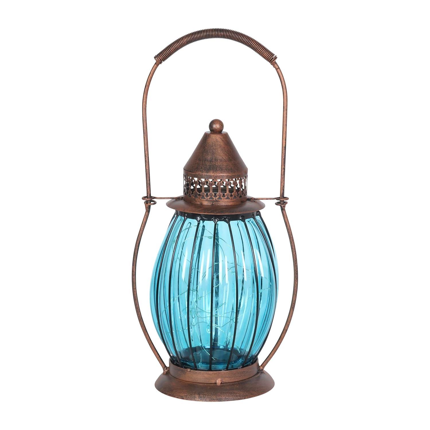 Exhart Exhart Solar Antique Metal and Glass Accent Lantern with Fifteen LED Fairy Firefly String Lights, 7 by 14"