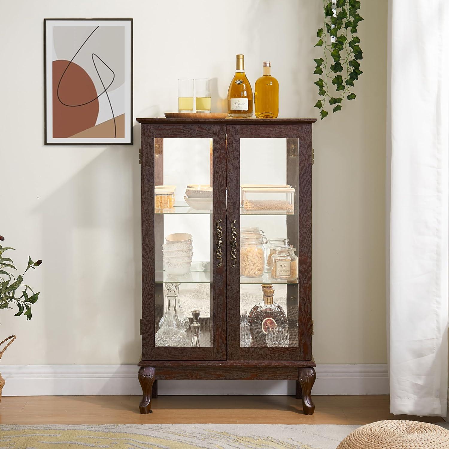 Cherry Lighted Glass Curio Cabinet with Adjustable Shelves