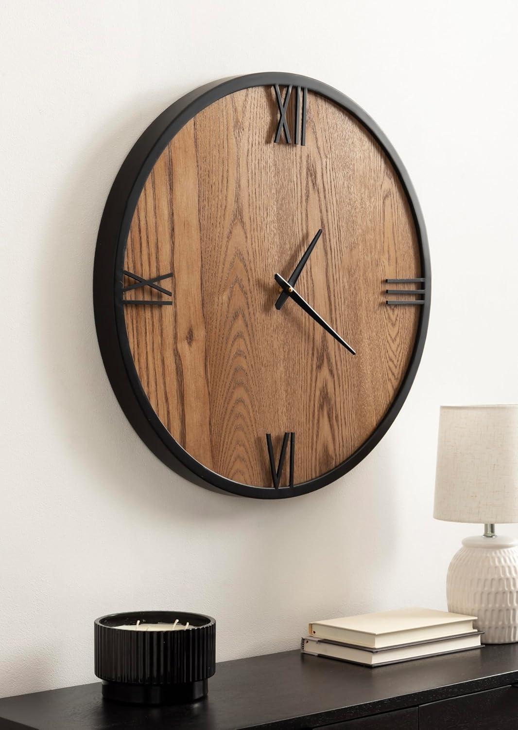 Kate and Laurel Pronte Modern Round Wood and Metal Wall Clock, 22 Inch Diameter, Rustic Brown and Black, Decorative Minimal Clock for Bedroom, Entryway, or Living Room Decor