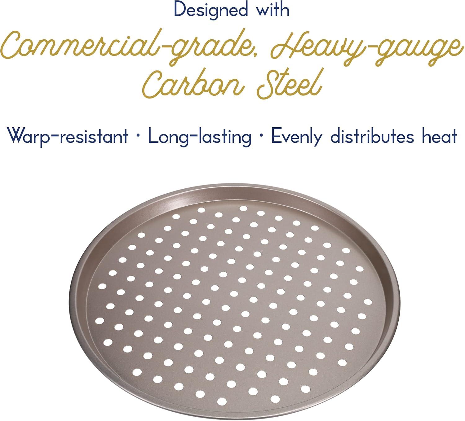 Ultra Cuisine Large Round Carbon Steel Perforated Pizza Pan with Holes, Nonstick, 13in, Champagne