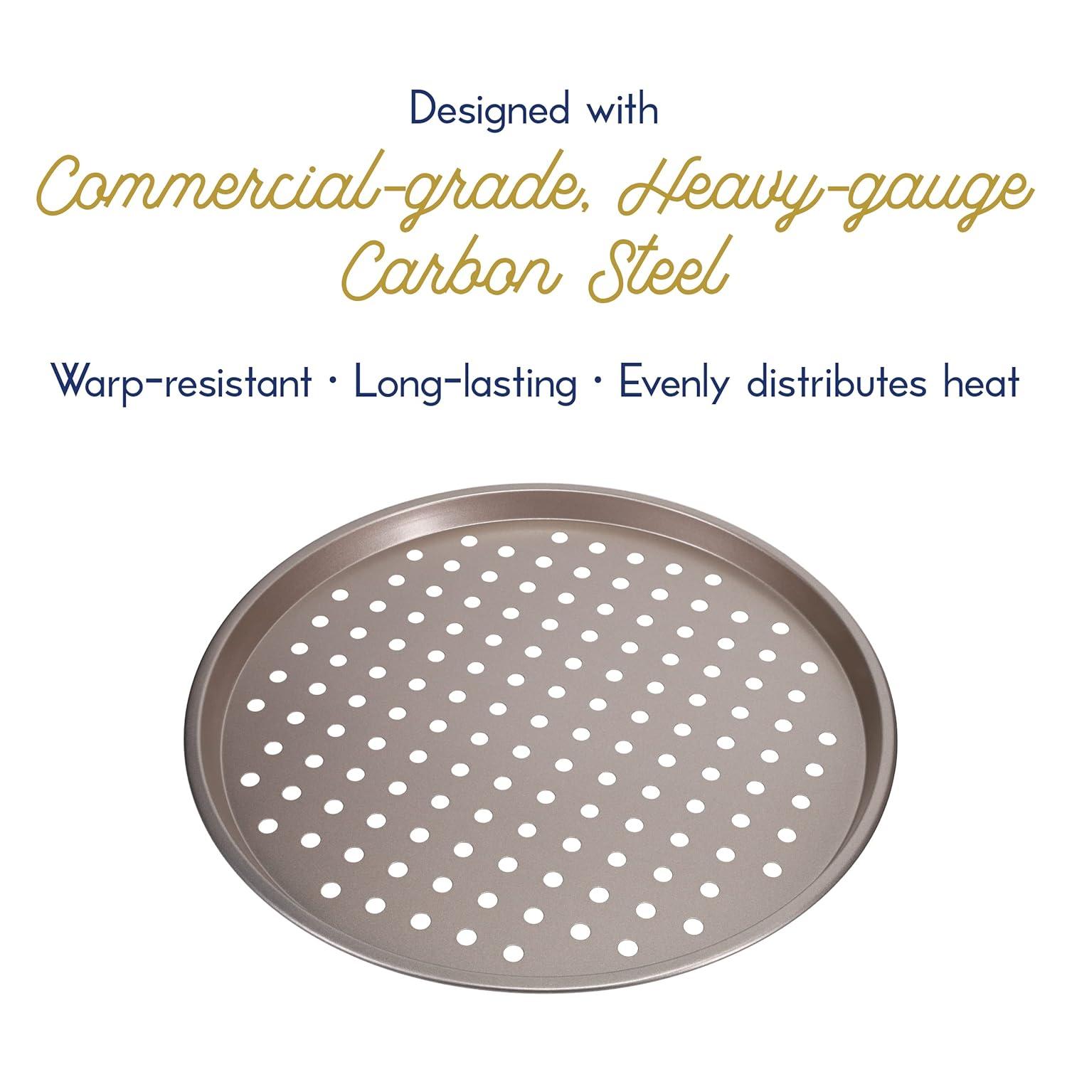 Ultra Cuisine Large Round Carbon Steel Perforated Pizza Pan with Holes, Nonstick, 13in, Champagne