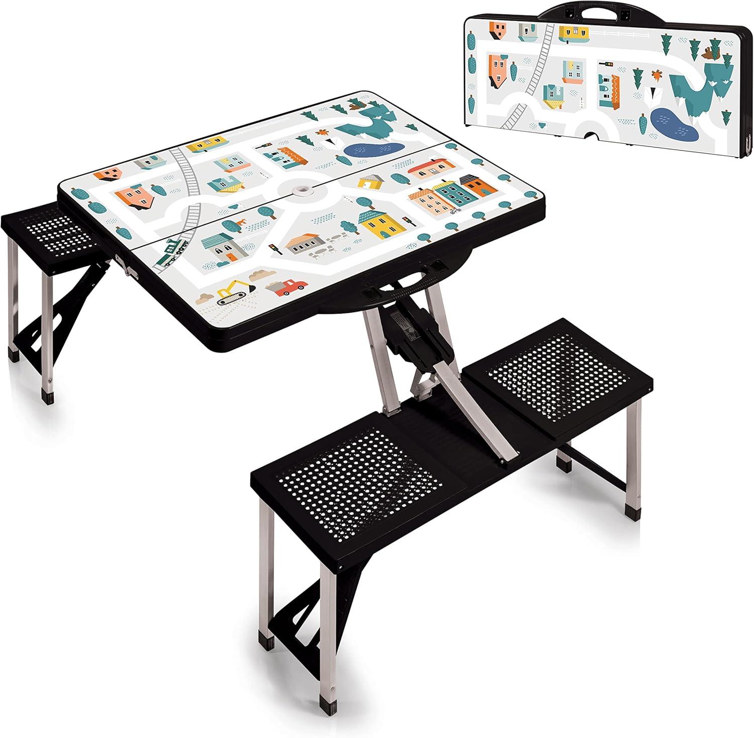 Black Folding Picnic Table with Play Town Design and Umbrella Hole