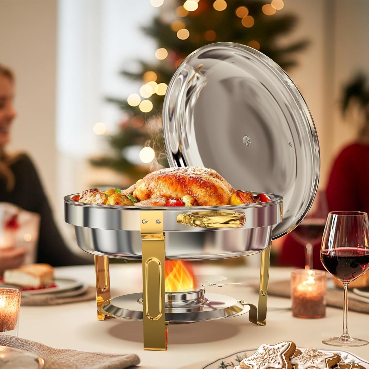 WARMOUNTS Chafing Dish Buffet Set, 5QT 4 Pack Gold Accent Stainless Steel Chafers and Buffet Warmers Sets with Glass Lid & Lid Holder for Parties Catering Events Weddings Banquets