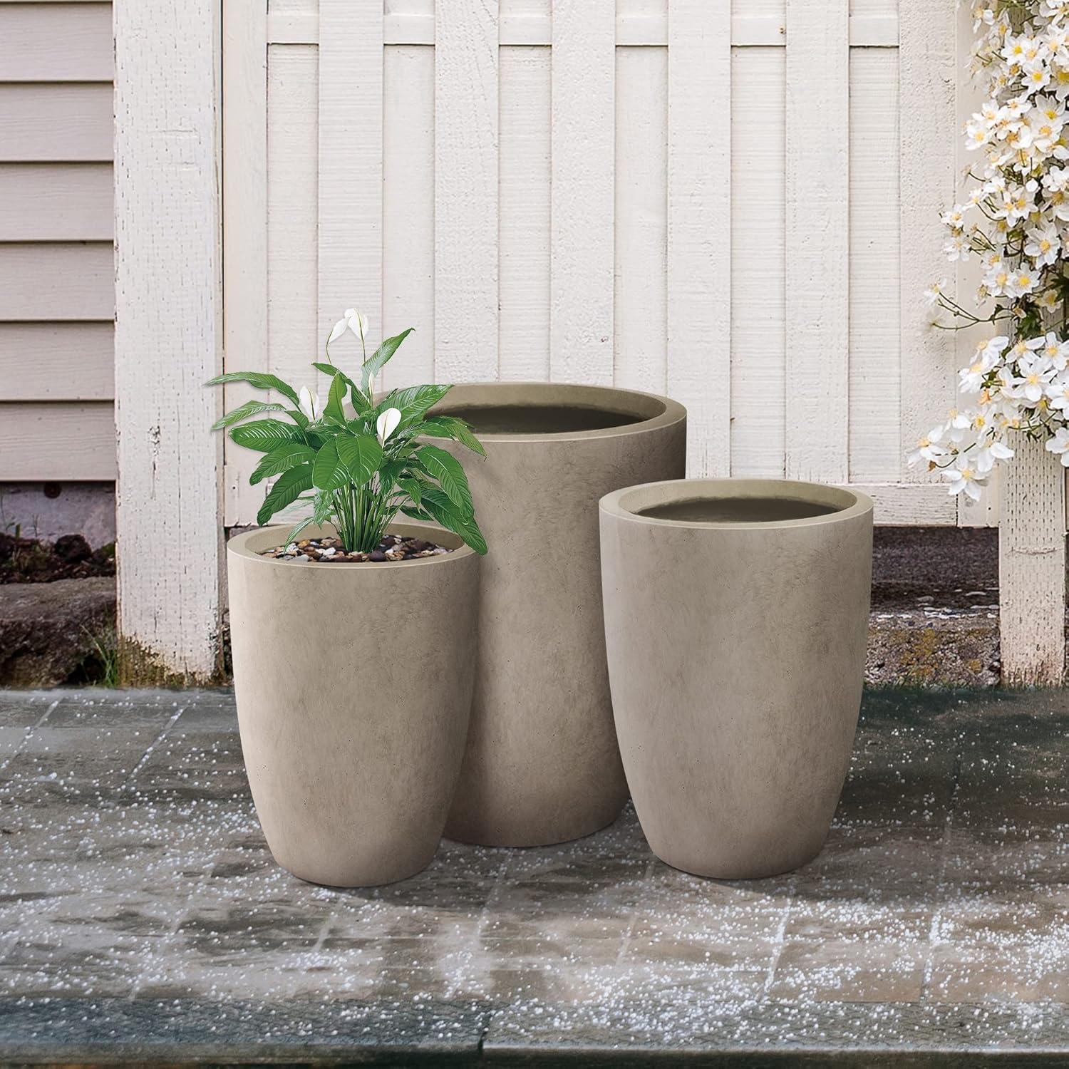 Weathered Gray Tall Round Concrete Planters Set of 3