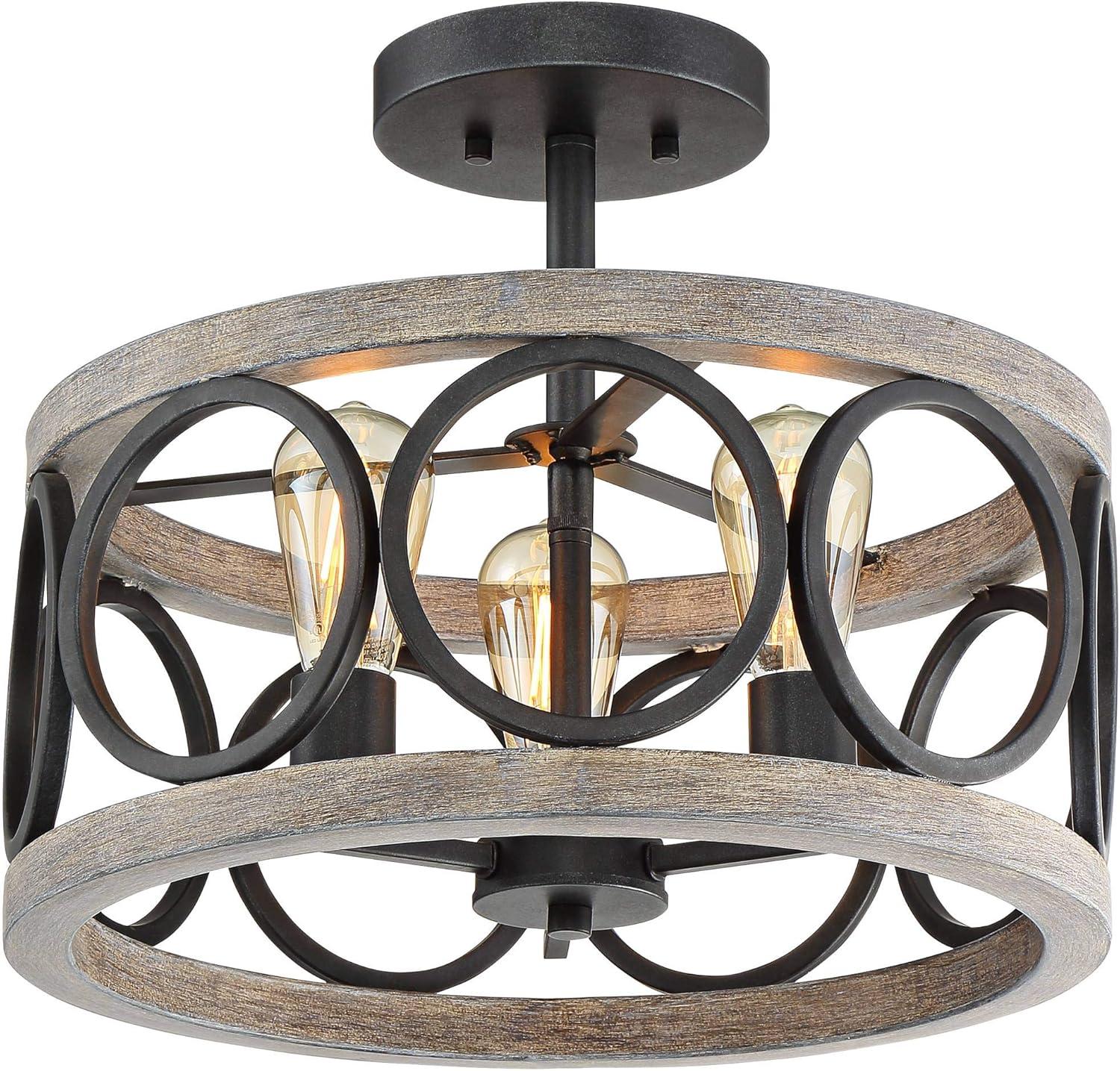 Franklin Iron Works Salima Rustic Farmhouse Ceiling Light Semi Flush Mount 16" Wide Black Gray Wood 3-Light for Bedroom Kitchen Living Room Hallway