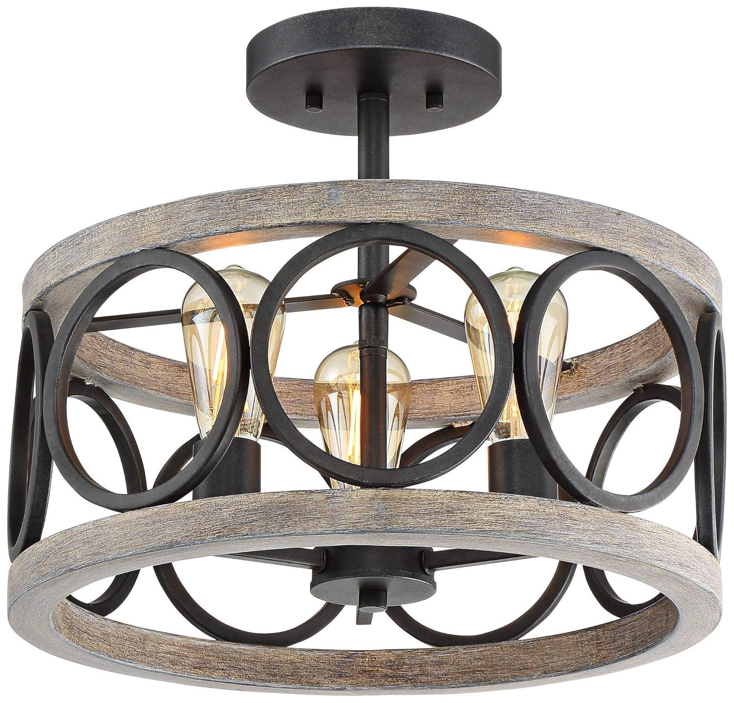 Franklin Iron Works Salima Rustic Farmhouse Ceiling Light Semi Flush Mount 16" Wide Black Gray Wood 3-Light for Bedroom Kitchen Living Room Hallway