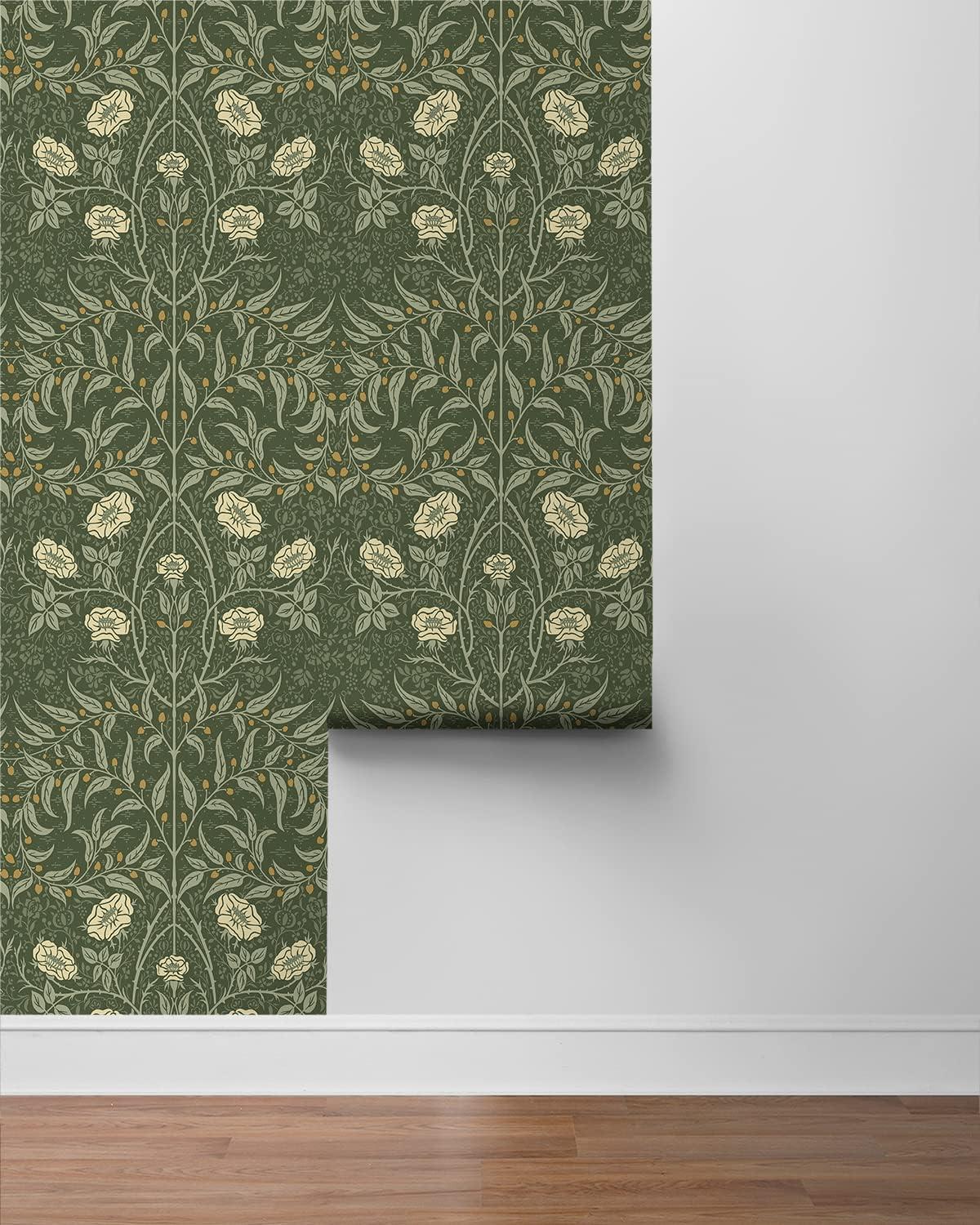 NextWall Stenciled Floral Peel and Stick Wallpaper Green: Vintage Botanical Vinyl, Self-Adhesive, Repositionable, 30.75 Sq Ft Coverage