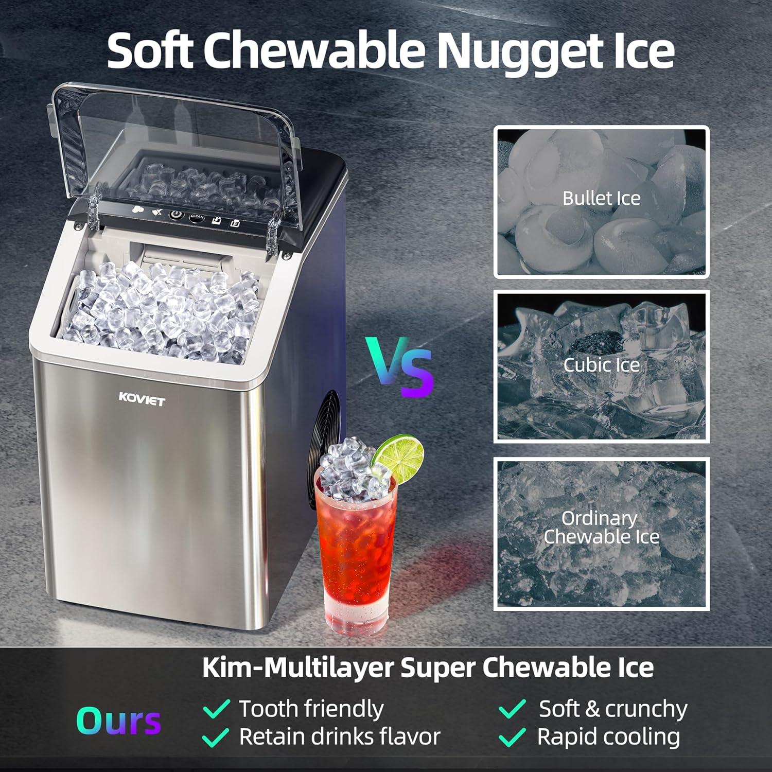 Nugget Ice Maker Countertop, 40lbs/24H Tooth-Friendly Soft Chewable Pebble Ice Machine, Self-Cleaning with Drainpipe, Crushed Pellet Ice Makers for Home Kitchen Party, Stainless Steel