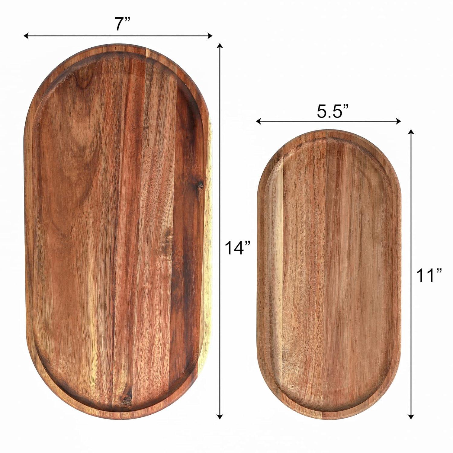 SPEShh Acacia Wooden Serving Trays Set of 2 - Rectangular Oval Shaped Wood Plates for Charcuterie Cheese Bread Fruit Vegetable Dip Sushi - Rustic Serving Platter Shallow Dishes -14x7 & 11x5.5 In.