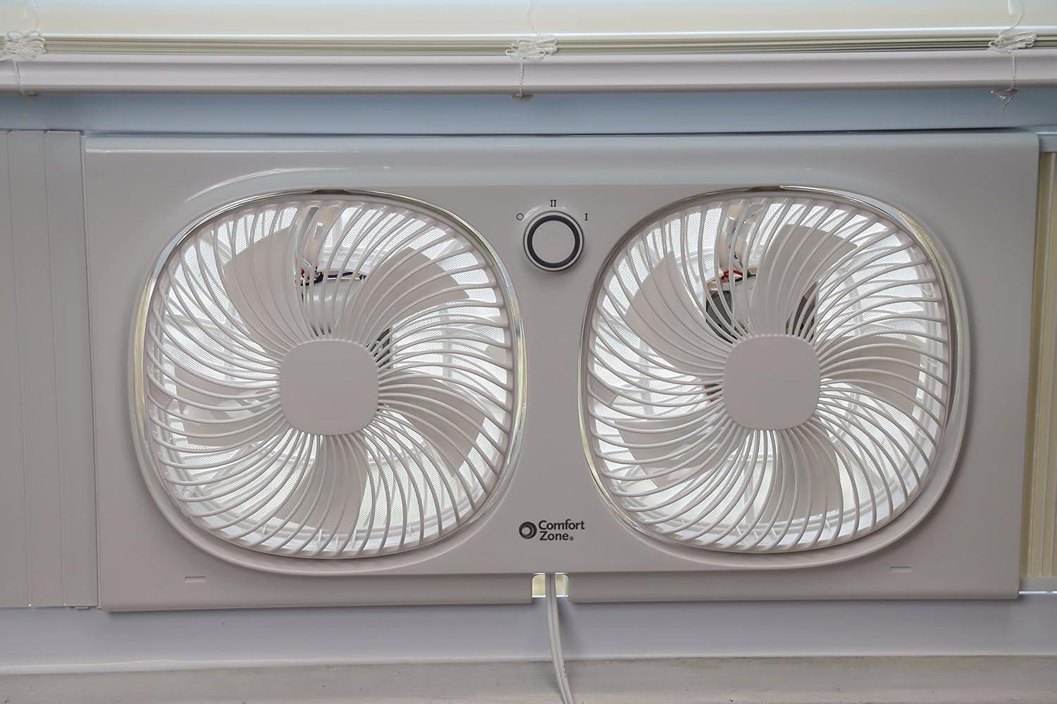 Comfort Zone 9" Twin Window Fan, 2 Speeds, Rotating Heads, Bug Screen