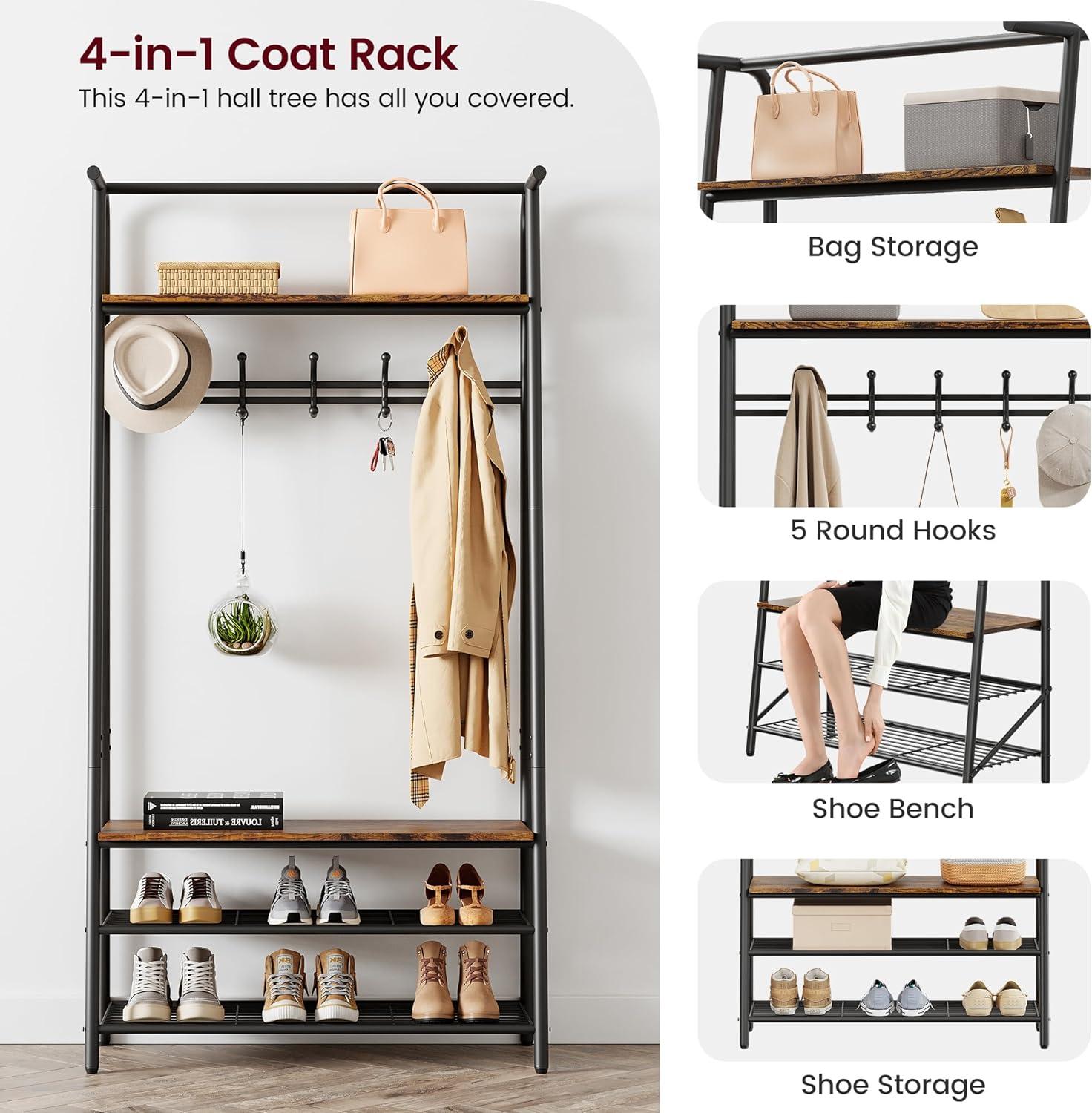 GAOMON Coat Rack Shoe Bench, 4-in-1 Hall Trees Entryway Bench with Coat Rack and Shoe Rack, Wood Look Accent Furniture with Steel Frame Storage Shelf and Hanging Bar, Industrial, Rustic Brown & Black
