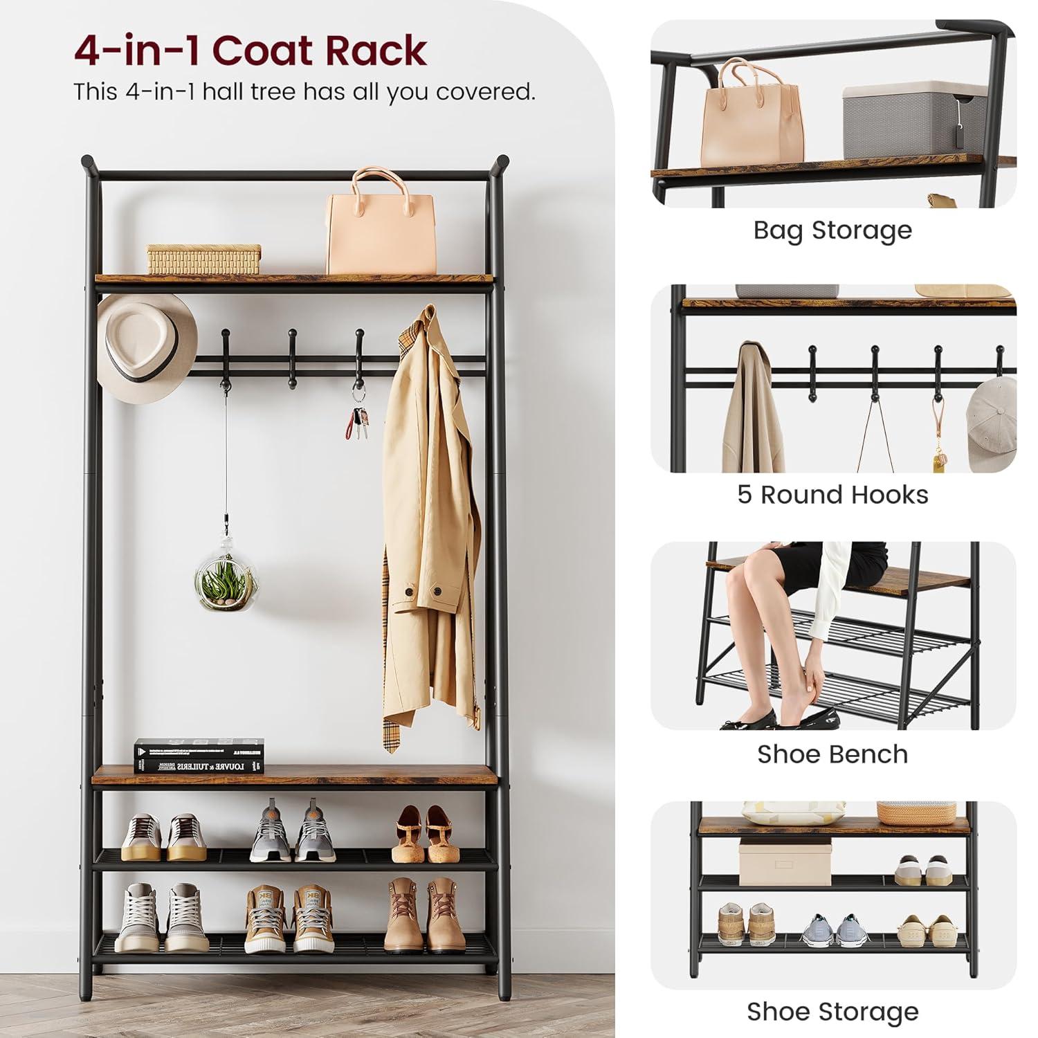 GAOMON Coat Rack Shoe Bench, 4-in-1 Hall Trees Entryway Bench with Coat Rack and Shoe Rack, Wood Look Accent Furniture with Steel Frame Storage Shelf and Hanging Bar, Industrial, Rustic Brown & Black