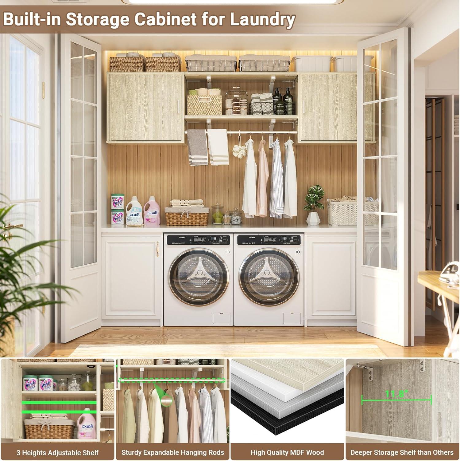 Cyclysio Wall Cabinet with Hanging Rods, 65''W Laundry Cabinet with 2 Doors & Shelves, Reversible Build-in Medicine Cabinet with Shelf Towers, Small Storage Cabinet for Laundry, Bedroom, White Oak