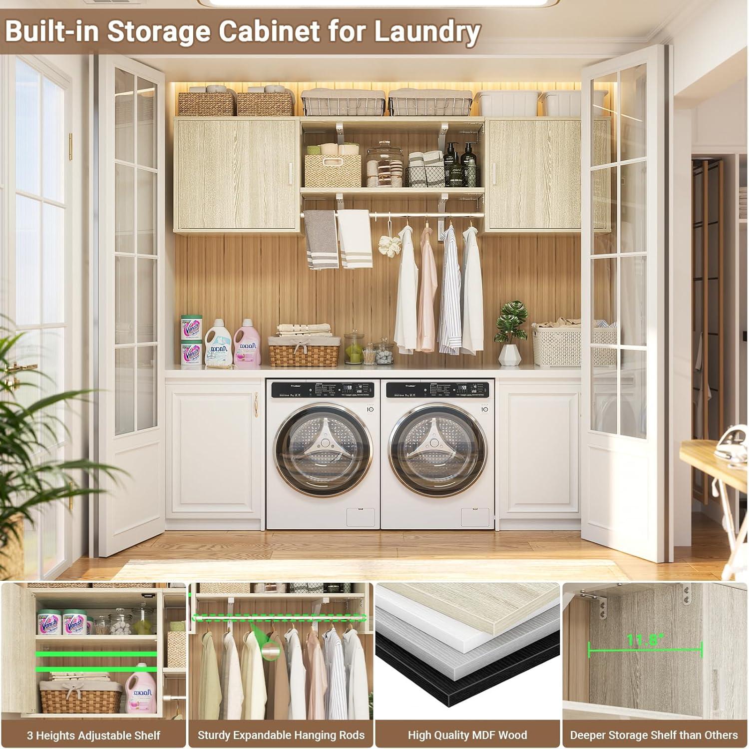 Cyclysio Wall Cabinet with Hanging Rods, 65''W Laundry Cabinet with 2 Doors & Shelves, Reversible Build-in Medicine Cabinet with Shelf Towers, Small Storage Cabinet for Laundry, Bedroom, White Oak