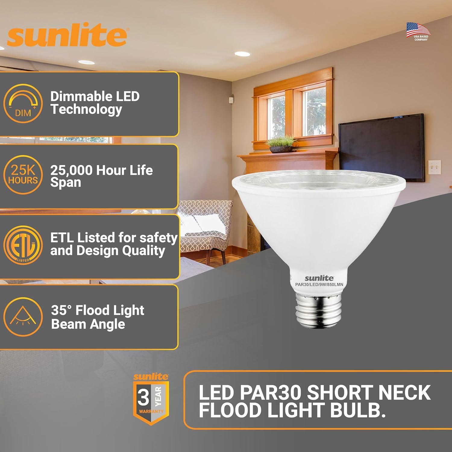 Sunlite LED PAR30 Short Neck Flood Light Bulb, 9 Watts, (75W Equivalent), 850 Lumens, Medium Screw (E26) Base, Dimmable, ETL Listed, 3000K Warm White, 6 Pack