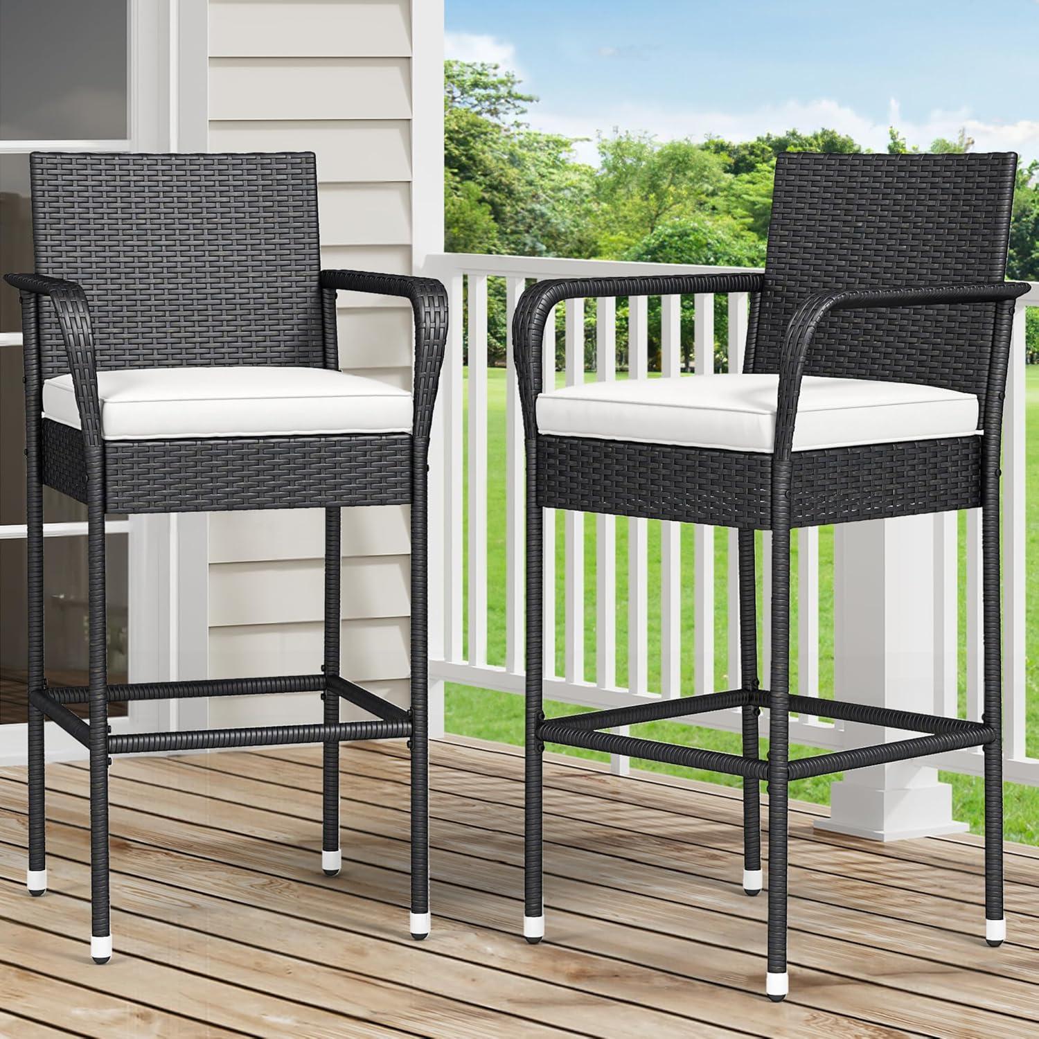 Winston Porter Winston Porter Set Of 2 Patio Wicker Counter Stools Outdoor Bar Height Chairs With Soft Cushions