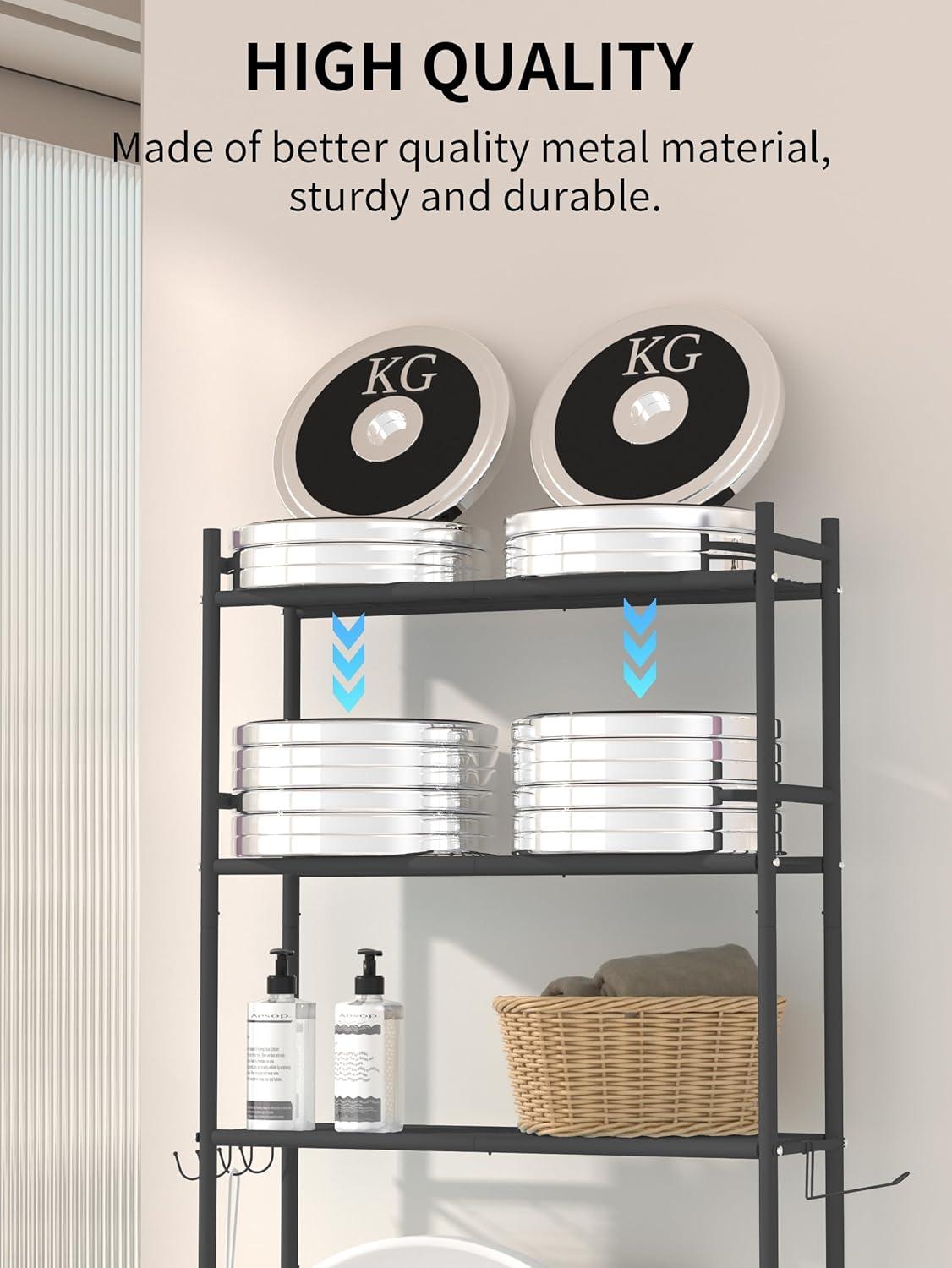 3-Tier Over The Toilet Storage, Space Saver Metal Bathroom Shelves, Freestanding Above Over Toilet Storage Shelf With 4 Hooks For Bathroom, Black