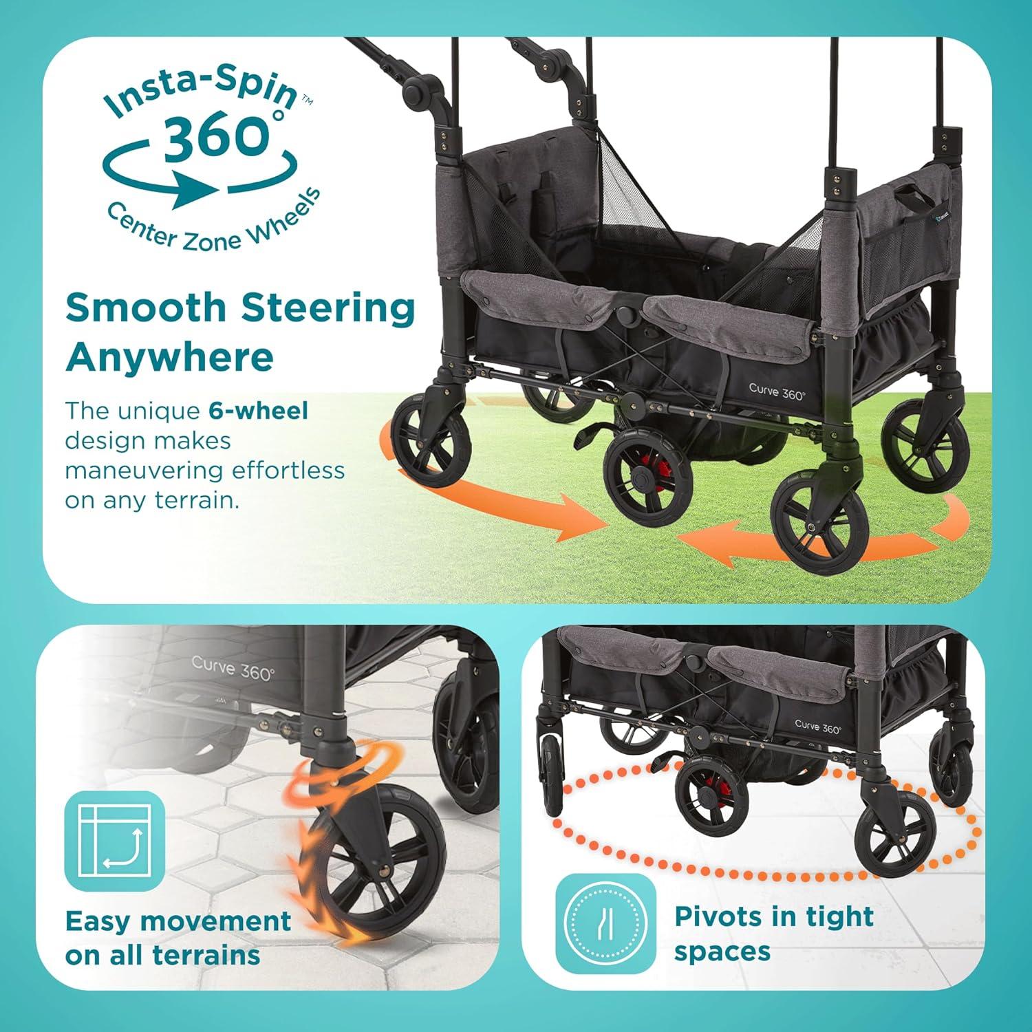 Contours Contours Curve 360 Stroller Wagon for 2 Kids, Infant Car Seat Compatibility, Zero Turn Radius, Lightweight Foldable Push-pull Collapsible Wagon Cart for Garden, Stroller, Camping, Grocery Cart