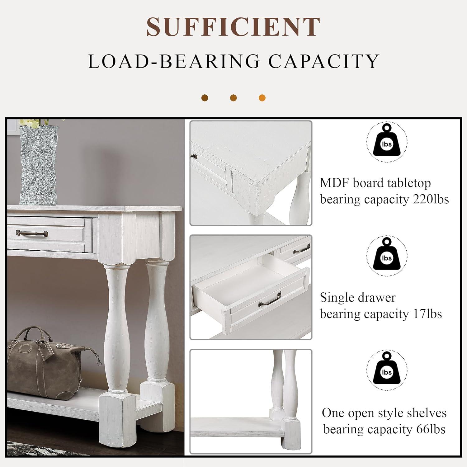 Console Table, 63inch Long Wood Entryway Table with 3 Drawers and 1 Bottom Shelf, Sofa Table for Entryway Hallway, Easy Assembly, Antique White