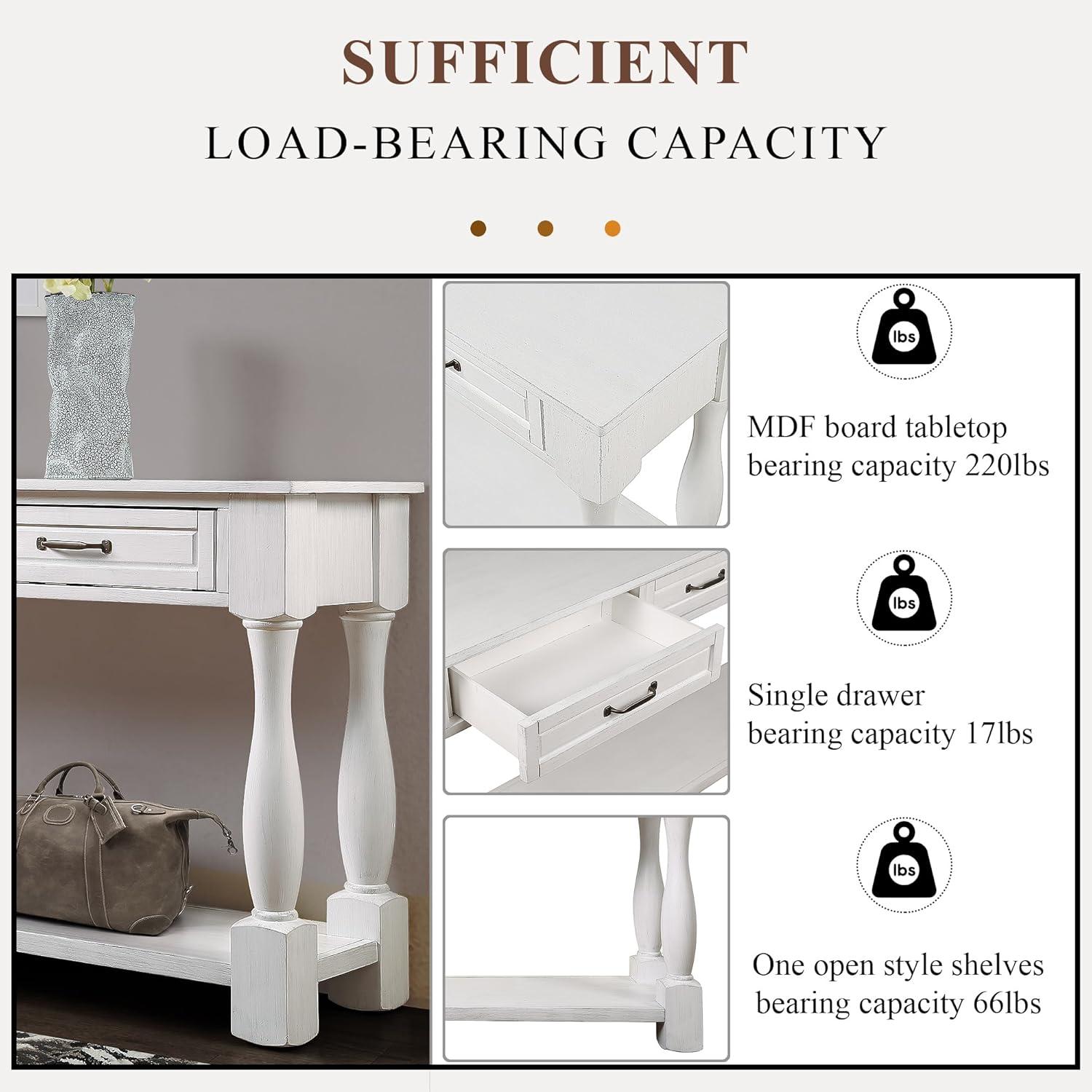 Merax Solid Wood Sofa Table with 3 Storage Drawers, 63 Inch Long Wood Console Table with Bottom Shelf, Retro Entryway Table for Living Room Hallway, Antique White