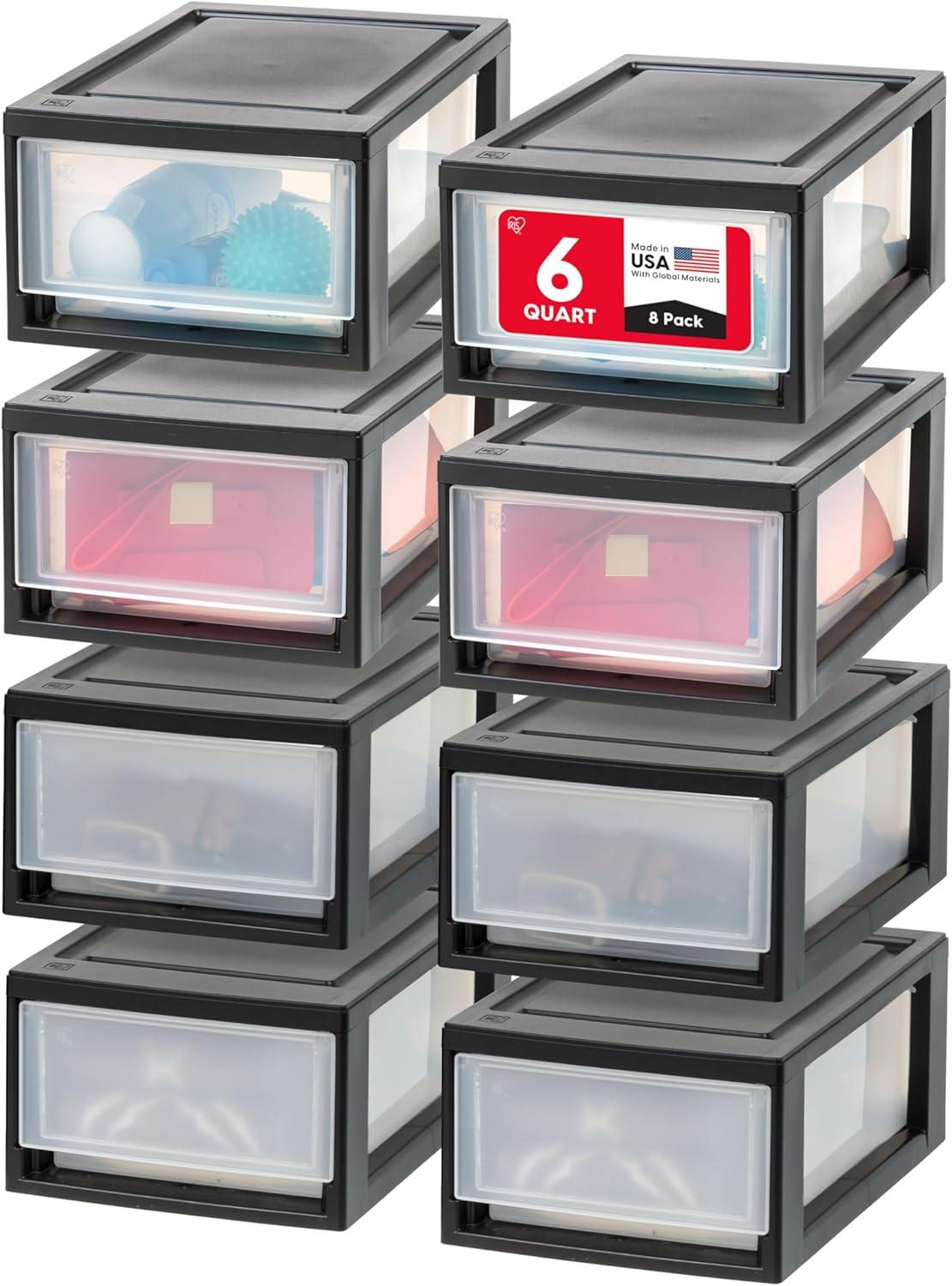 IRIS USA 6 Qt. Stackable Storage Drawer,8 Pack, Plastic Drawer Organizer with Clear Doors for Pantry, Black