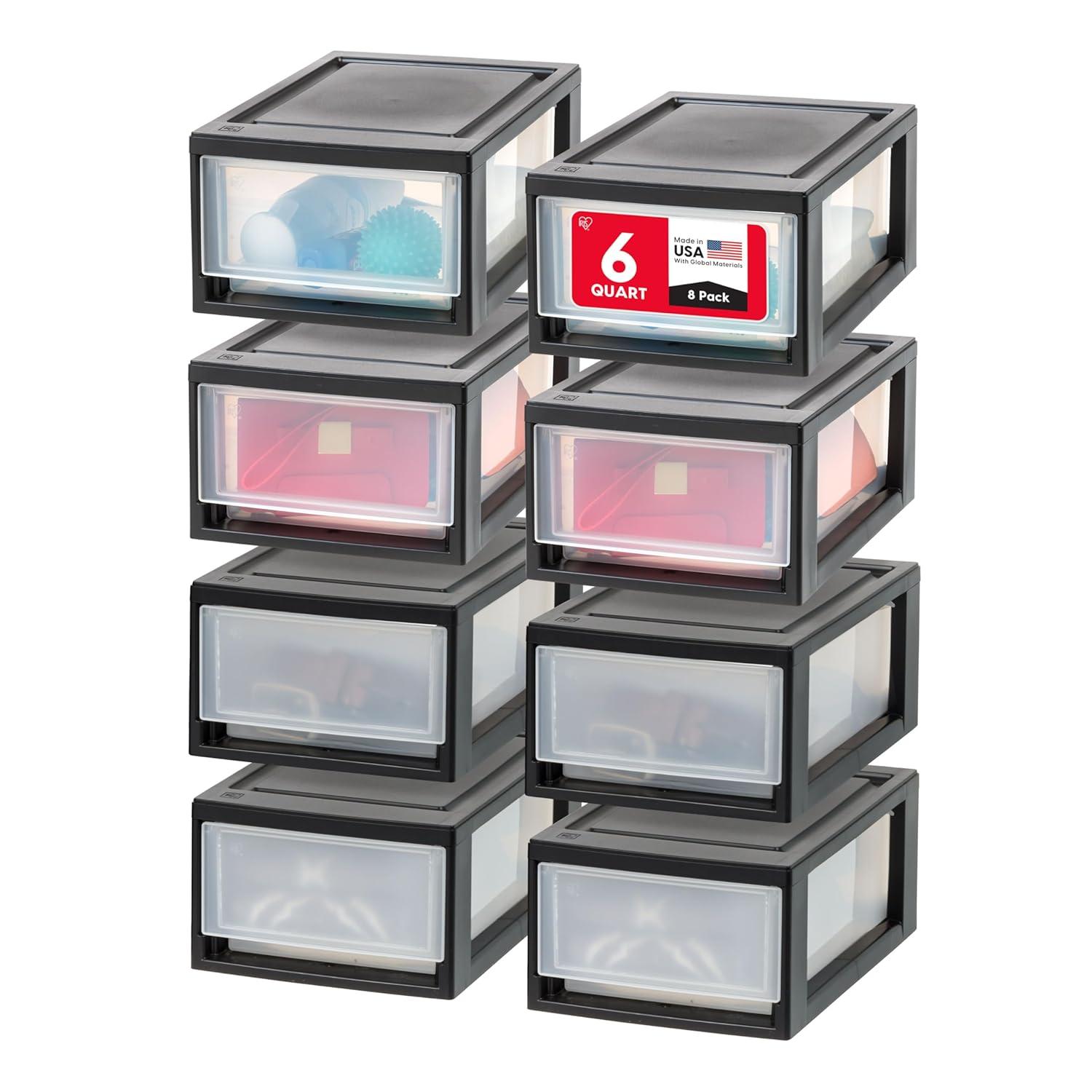 IRIS USA 6 Qt. Stackable Storage Drawer,8 Pack, Plastic Drawer Organizer with Clear Doors for Pantry, Black