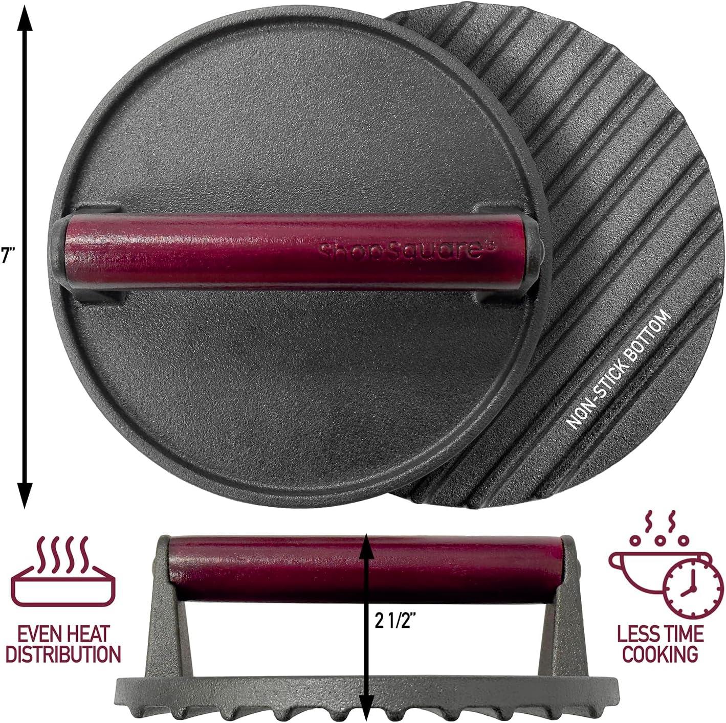 Rectangular and Round Cast Iron Grill Press with Red Wood Handle