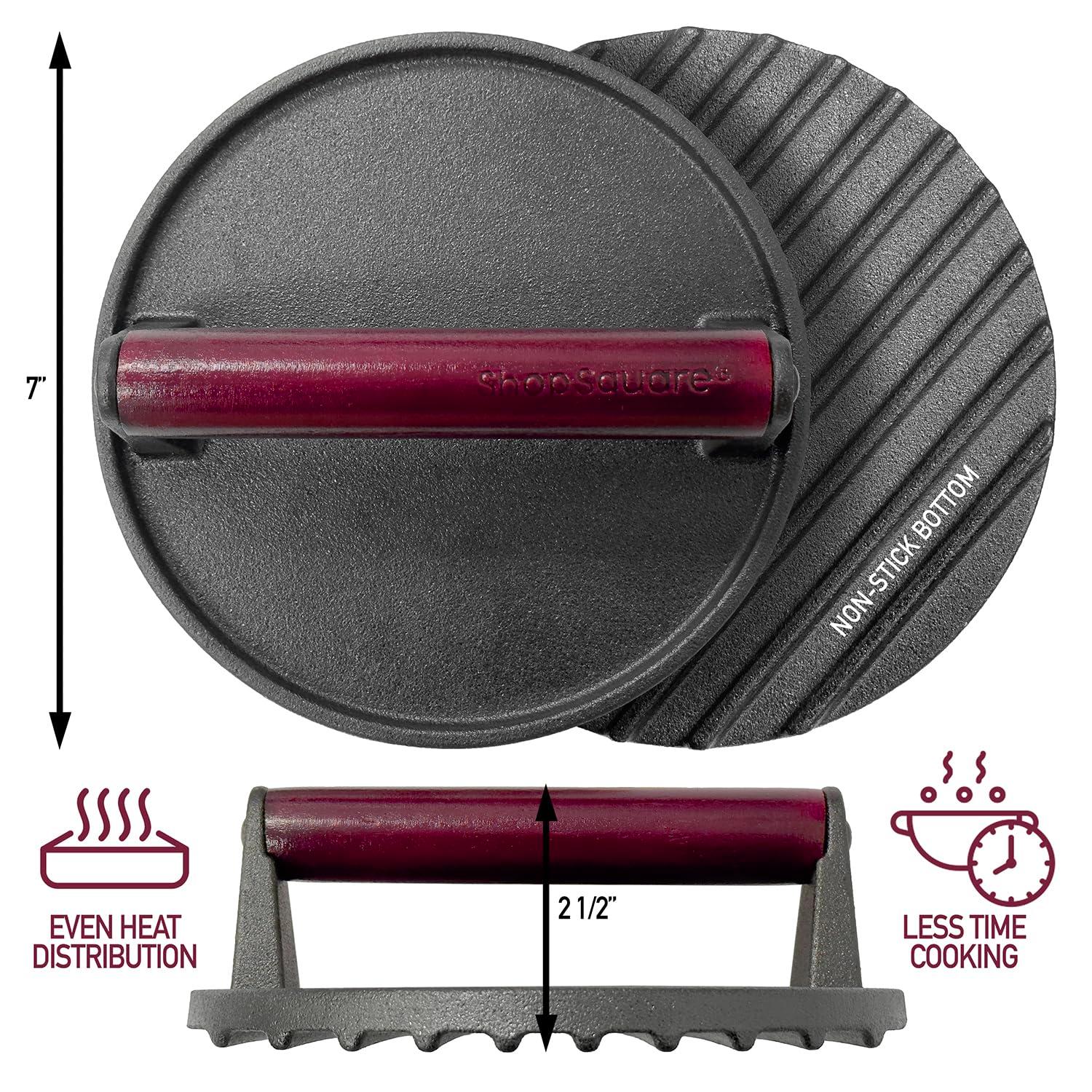 Rectangular and Round Cast Iron Grill Press with Red Wood Handle