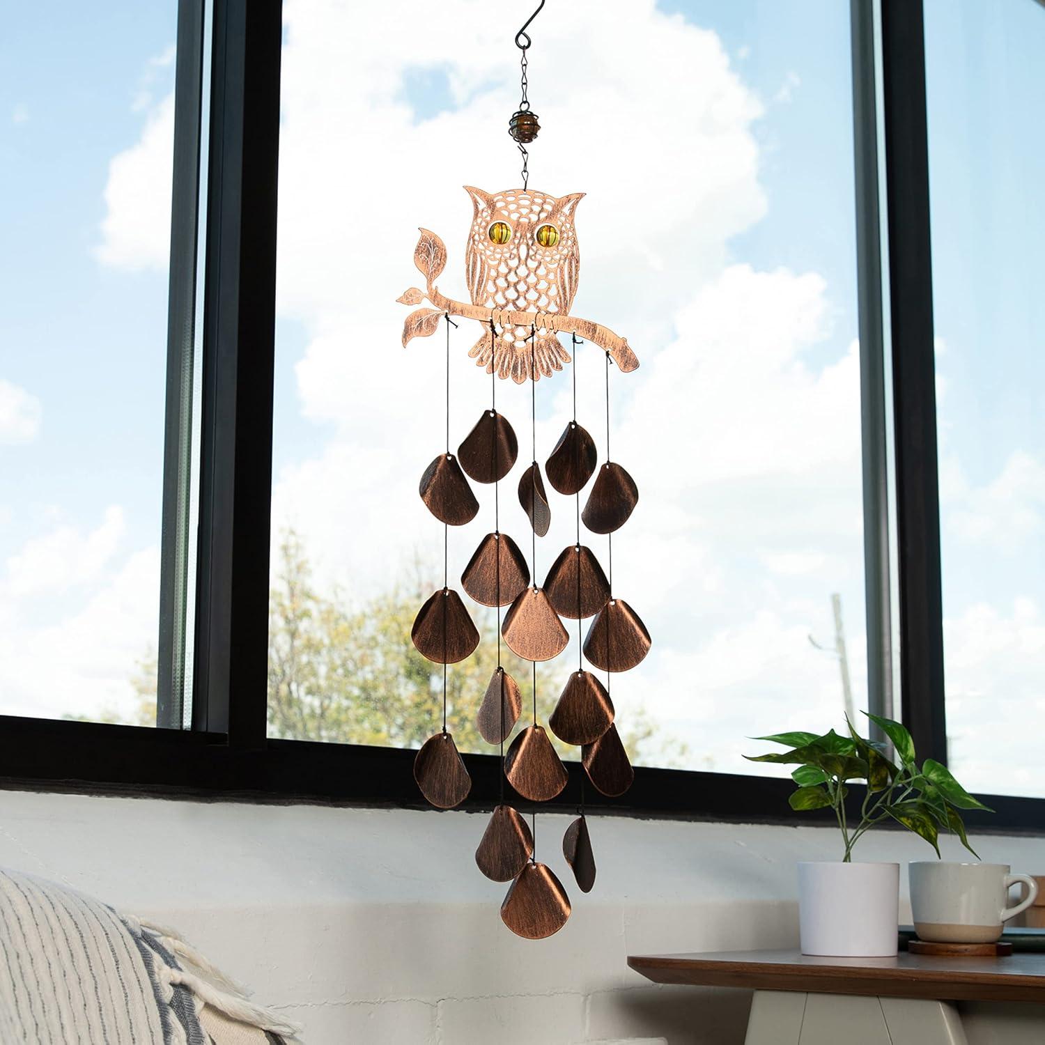 Dawhud Direct 30" H Rustic Copper Owl Wind Chimes - Garden Decoration