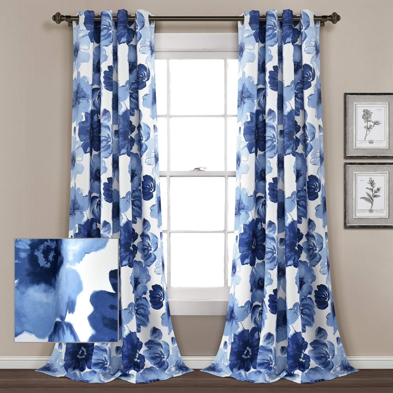 Navy and White Floral Light Filtering Grommet Curtains, 52"W x 84"L