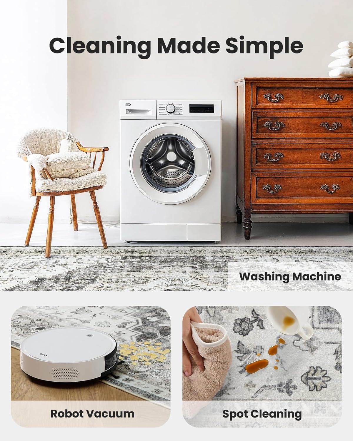 Garvee 9' x 12' Large Rug Vintage Persian Area Rugs Distressed Print Carpet Floral Pattern Rug No-Slip Low Pile Rug Living Room Bedroom Rug, Gray