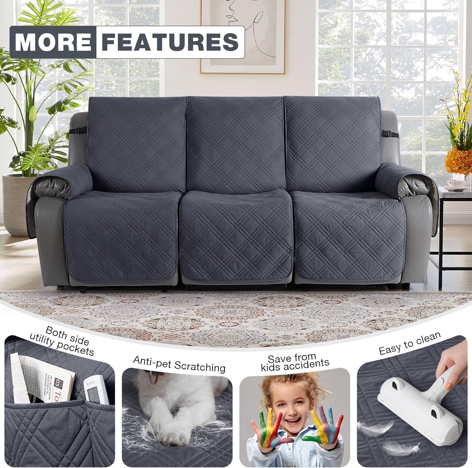 Box Cushion Recliner 3 Seater Sofa Slipcover, Non-Slip Pet Reclining Couch Cover with Pockets Furniture Protector