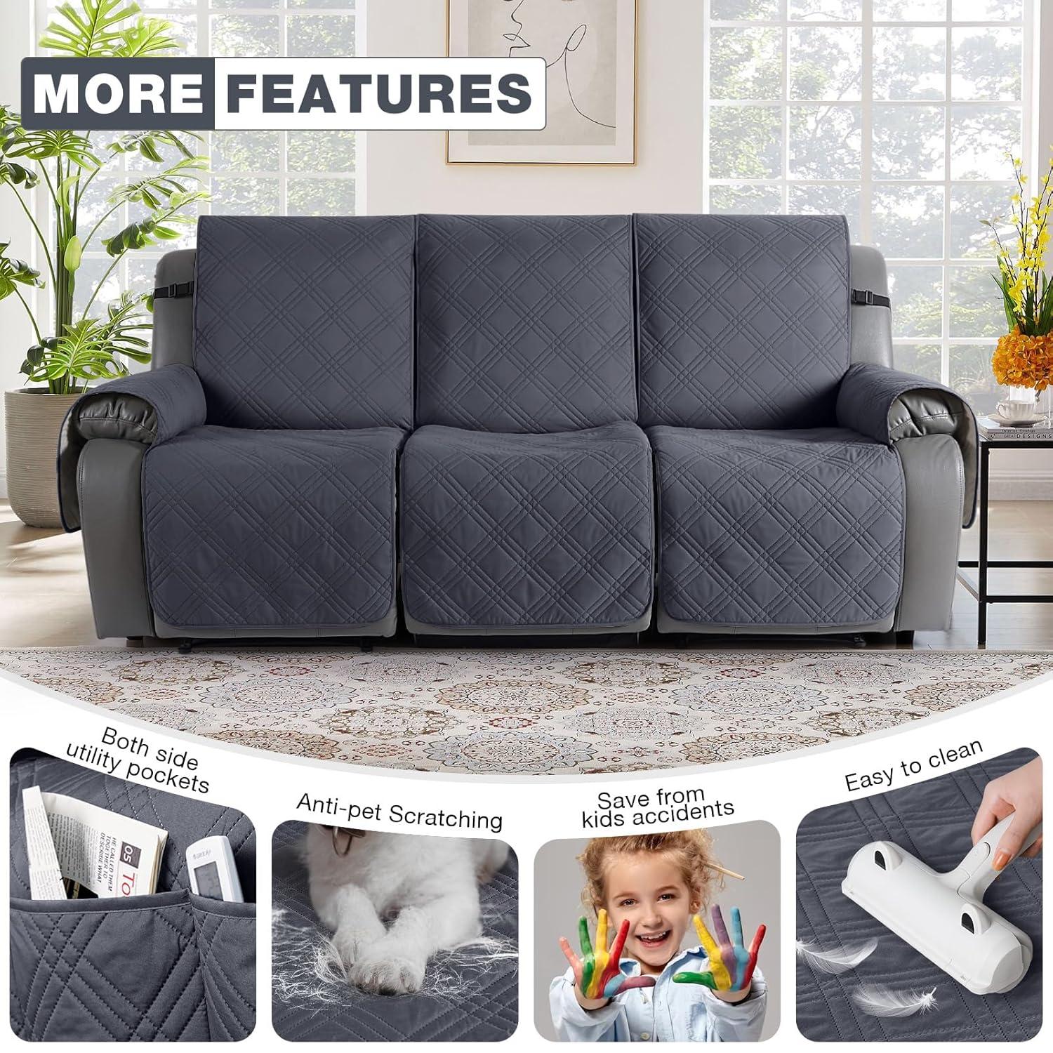 Latitude Run® Box Cushion Recliner 3 Seater Sofa Slipcover, Non-Slip Pet Reclining Couch Cover with Pockets Furniture Protector