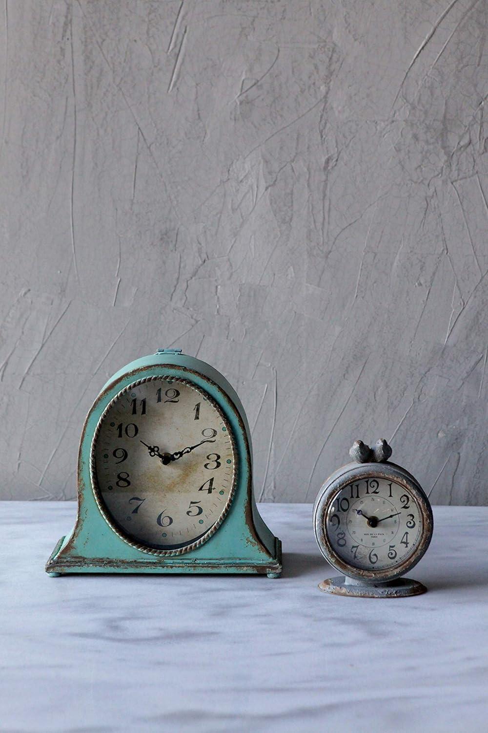 Distressed Aqua Metal Mantel Clock with Wooden Base