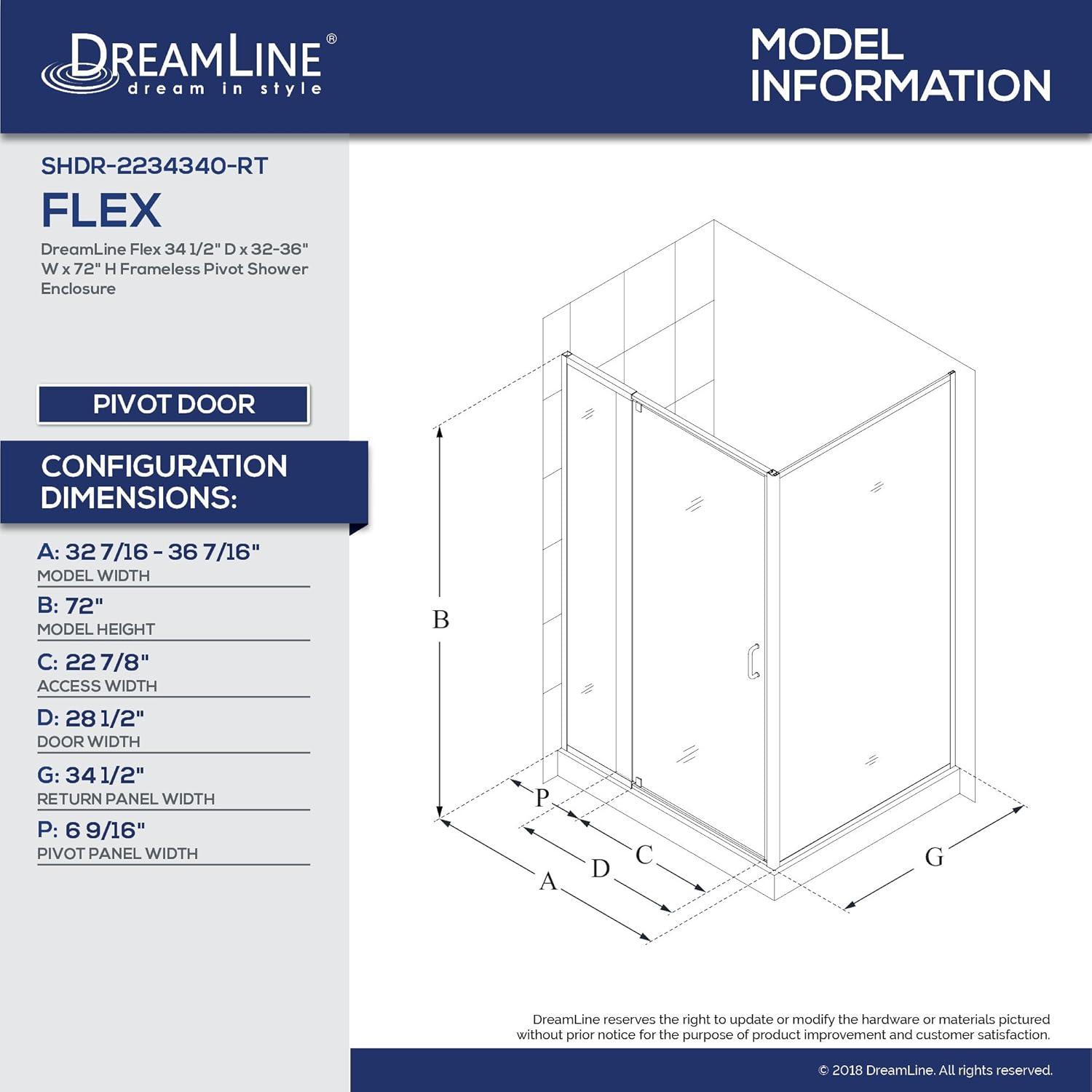 DreamLine Flex 36.44" W x 34.5" D x 72" H Framed Rectangle Pivot Shower Enclosure SHDR-2234340-RT-01