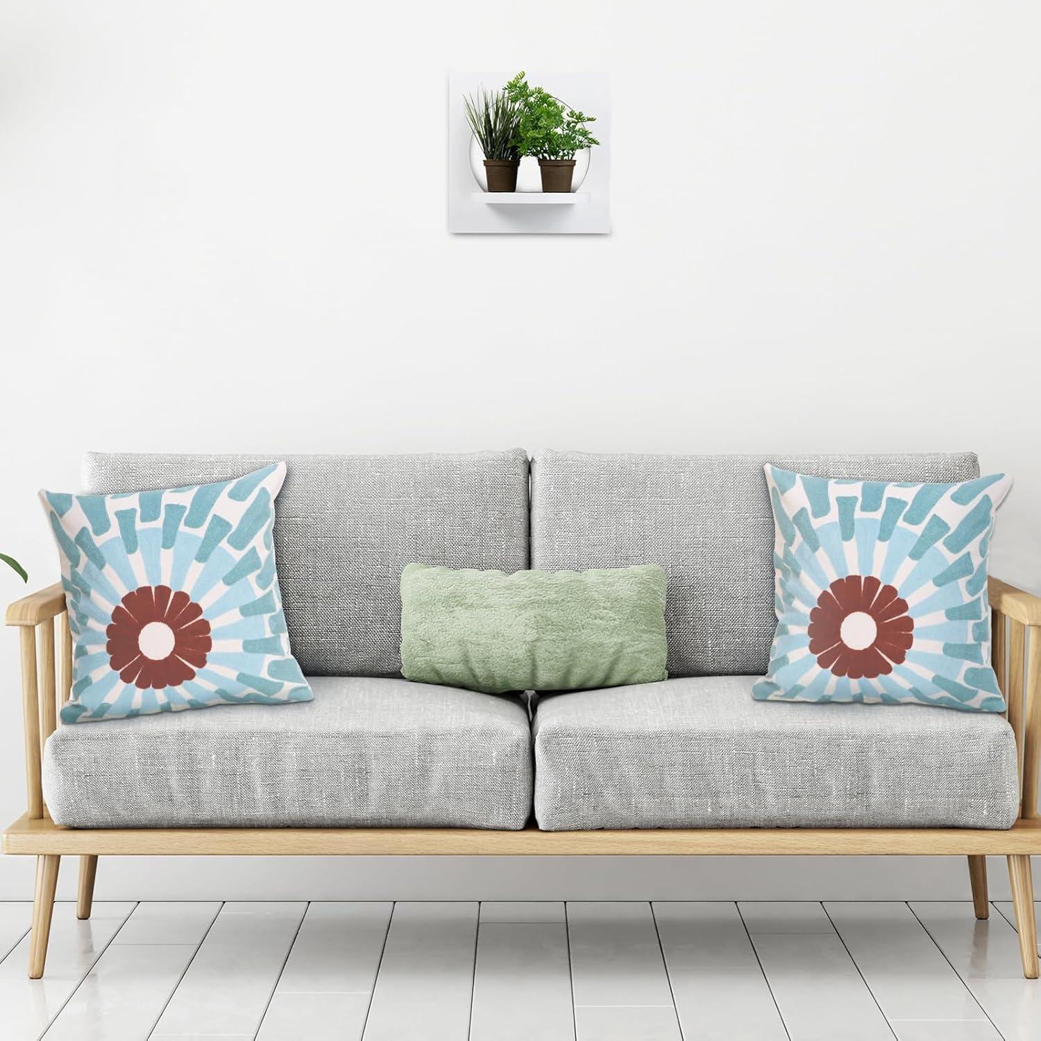 2 PCS Embroidered Throw Pillow Cover Cotton Decorative Square Cushion Cases for Home Sofa Bed and Chair 18 x 18 Inch (Blue Flower-2)