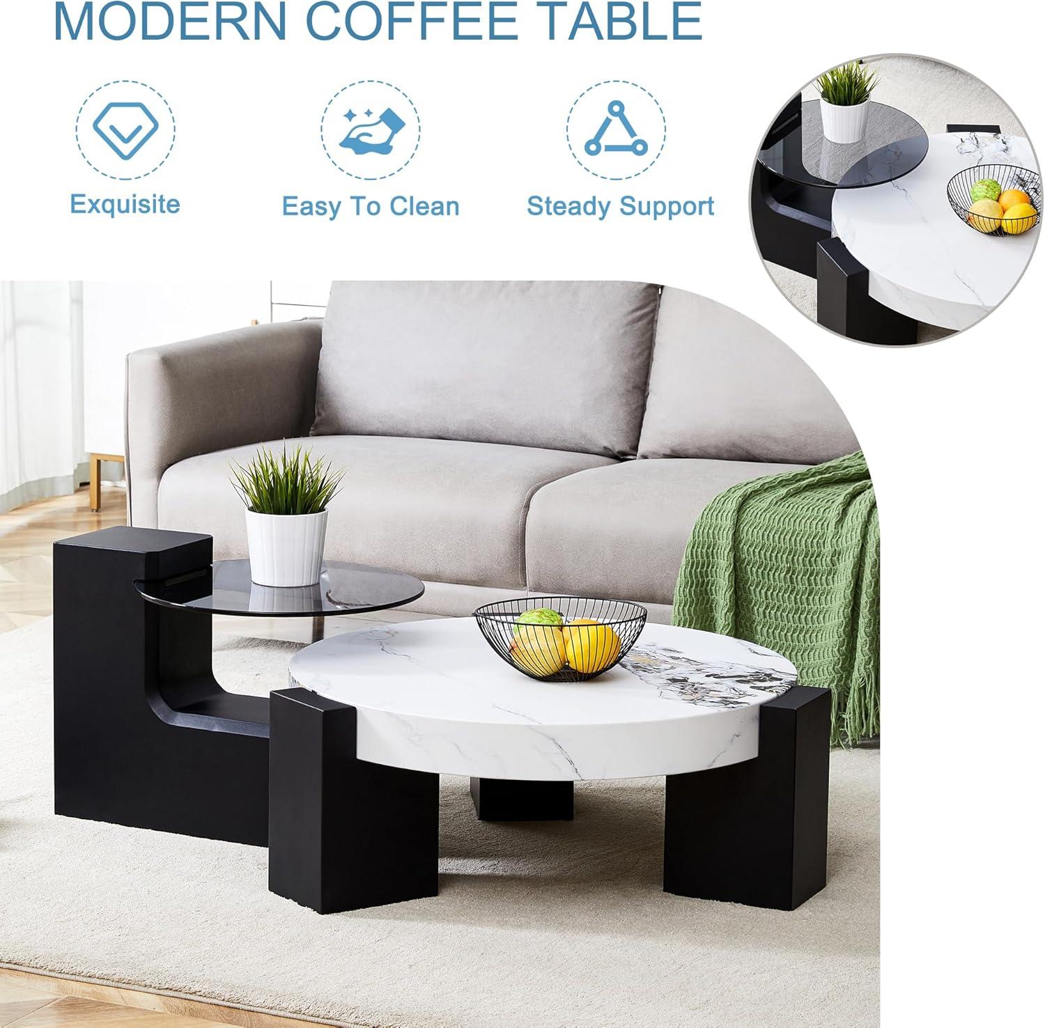 Modern Coffee Tables Set of 2, Coffee Table with Detachable Nightstand, Accent Center Table with Glass Top Side Table for Bedroom Office