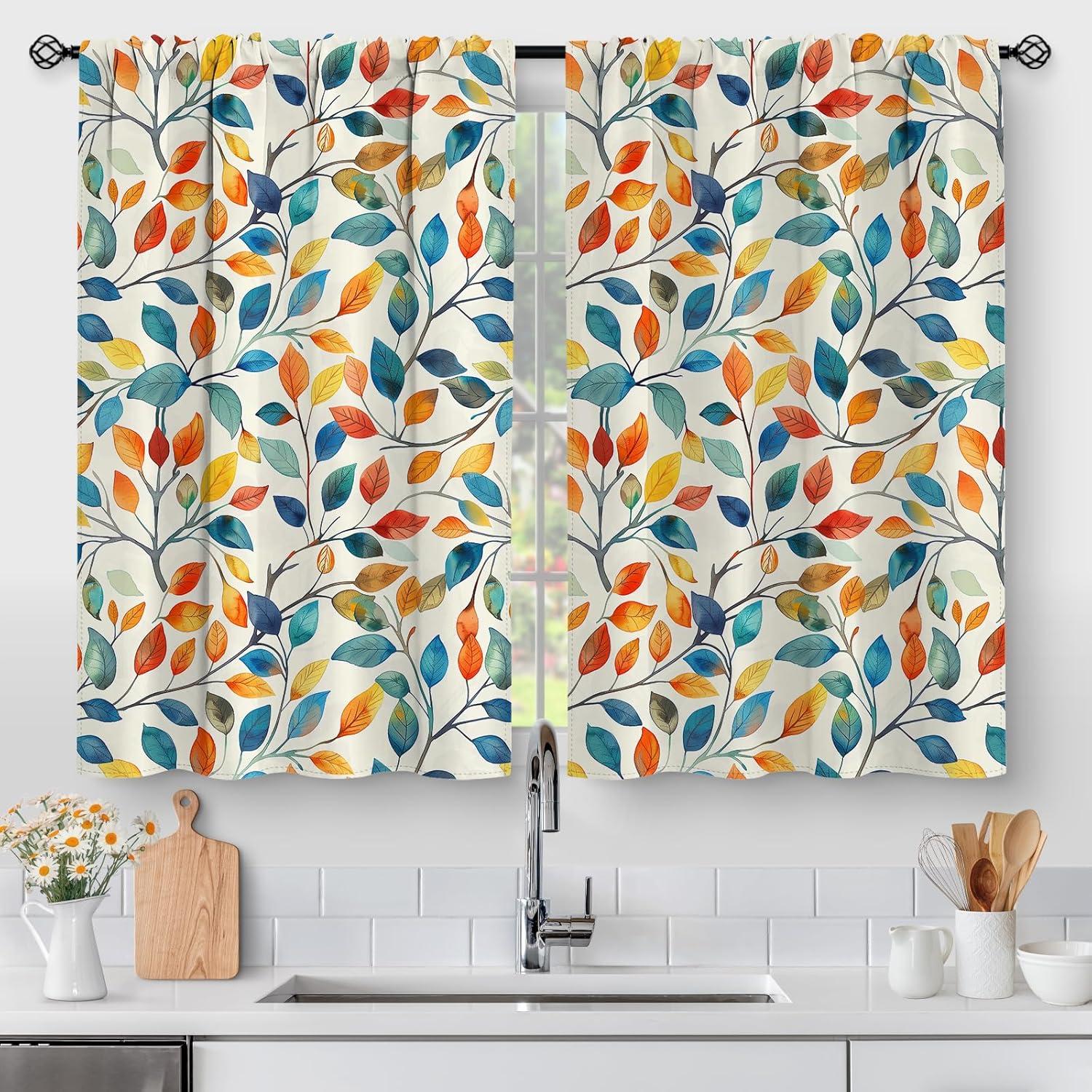 Aimego Colorful Leaves Kitchen Curtains - Floral Spring Botanical Tier Cafe Curtains Farmhouse Country Small Window for Bathroom Living RV Rod Pocket Window Drapes 36 Inch 2 Panels Set 28 "x36