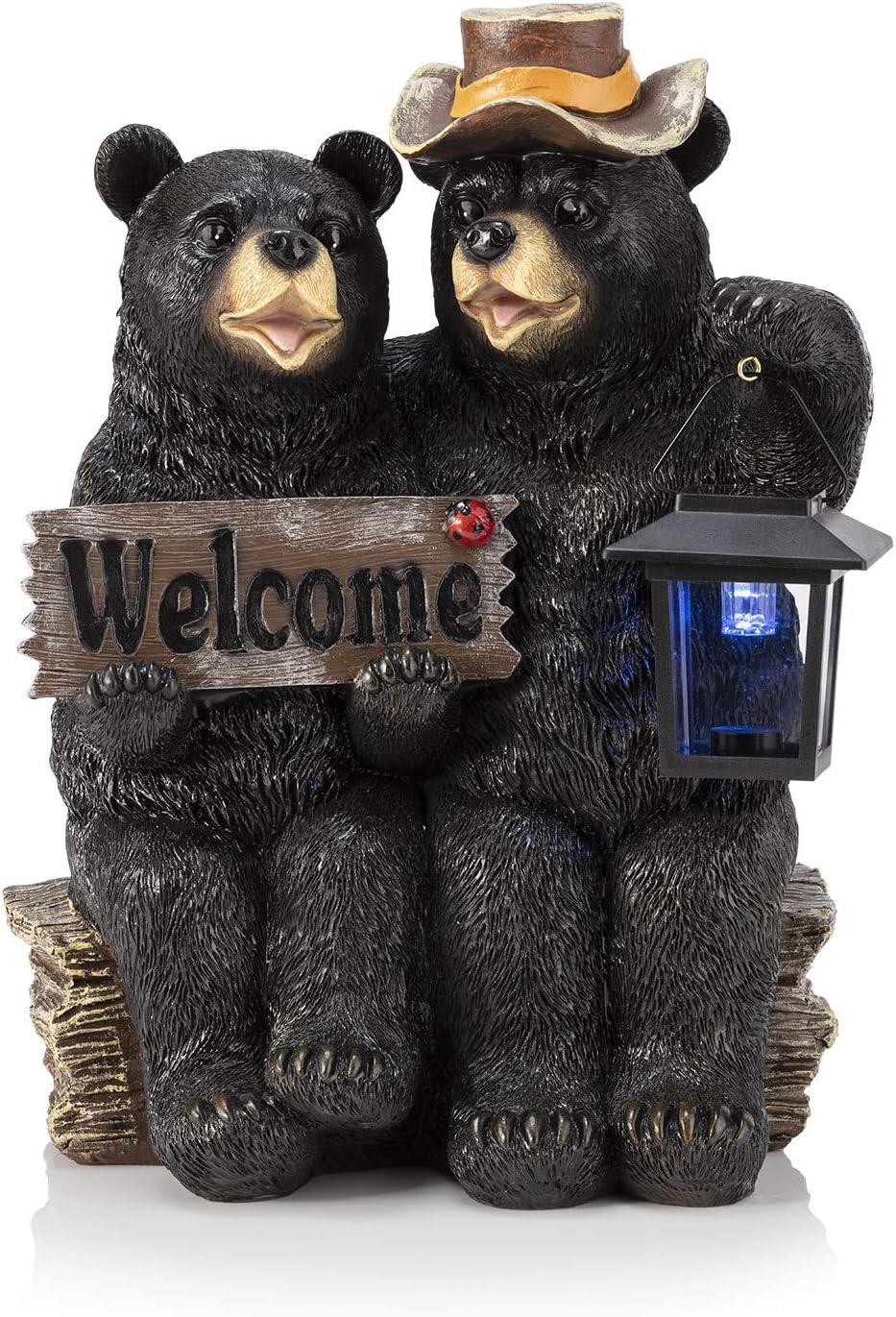 Alpine Corporation 15" Tall Outdoor Bear Couple with Lantern and Welcome Sign Statue with Solar LED Light Yard Art Decoration