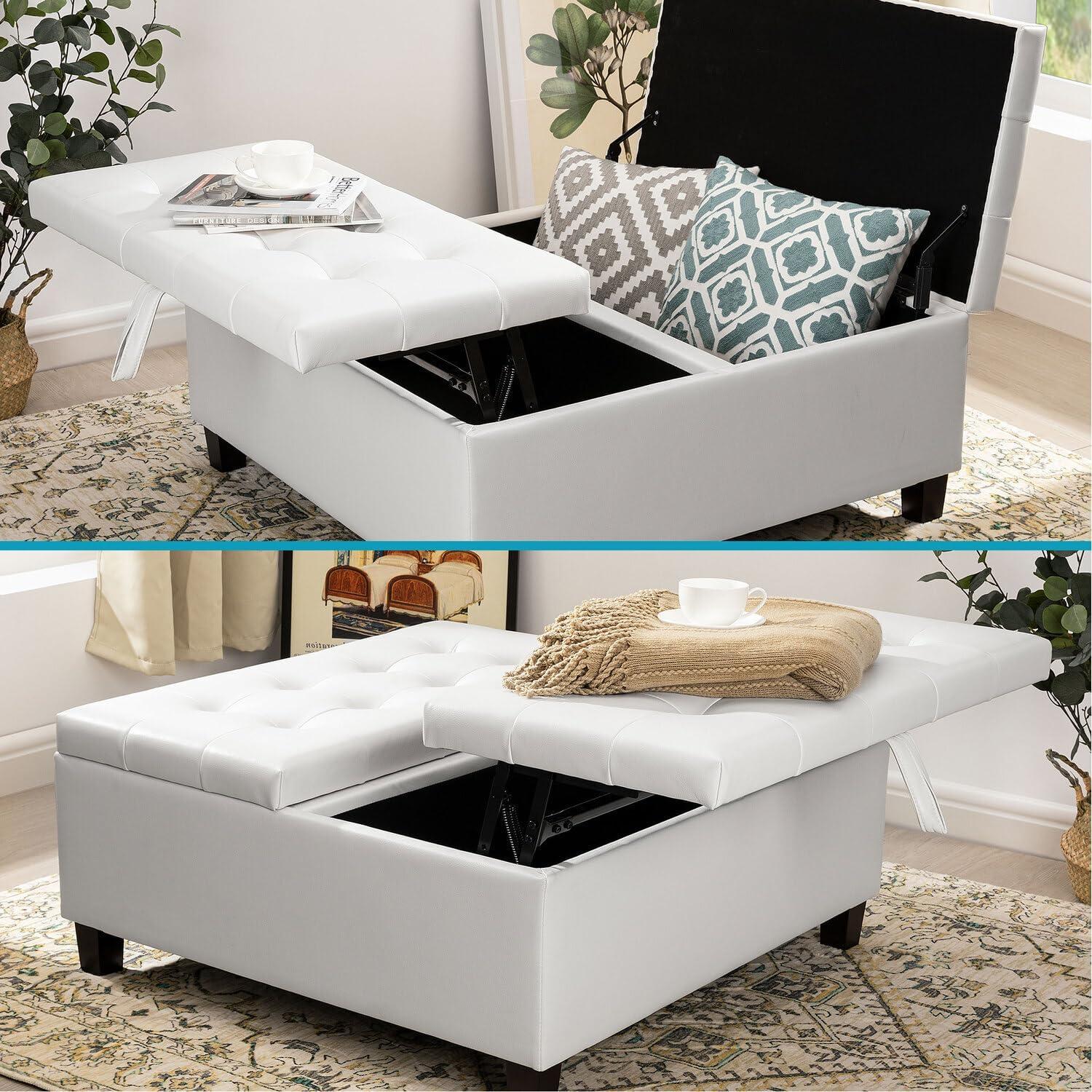 Ciara White Tufted Leather Lift-Top Storage Ottoman
