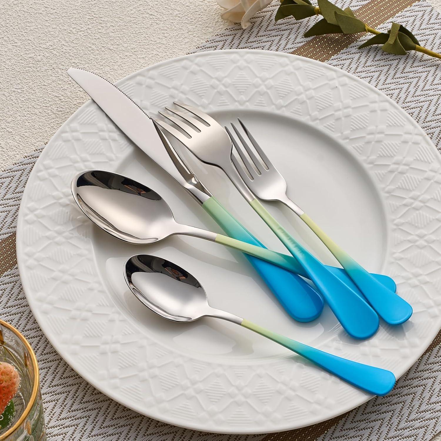20-Pieces Color Silverware Sets for 4,Blue and Yellow Handle Stainless Steel Cutlery Set, Include Forks Spoons and Knives Set, Dishwasher Safe Utensil Sets for Home Restaurant