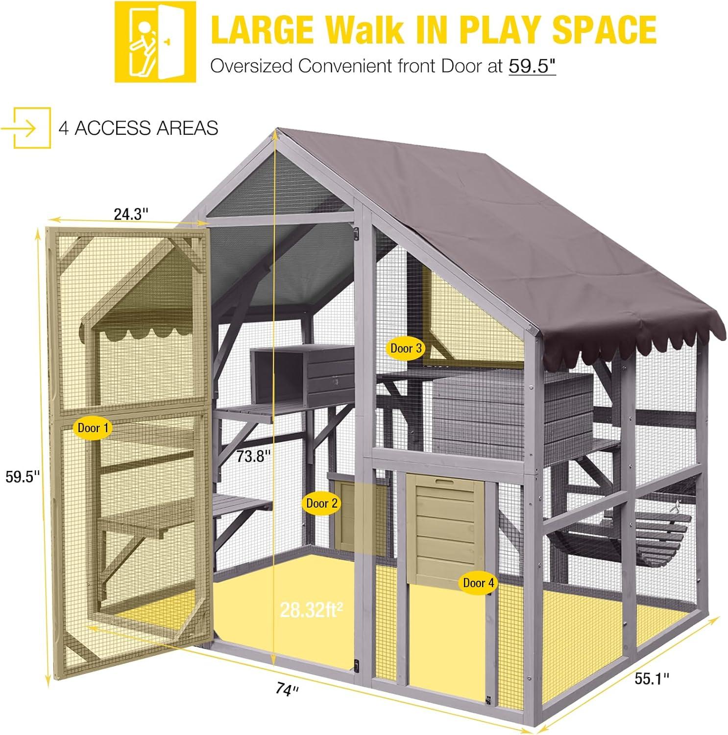 Large Gray Wooden Outdoor Cat House with Wire Mesh